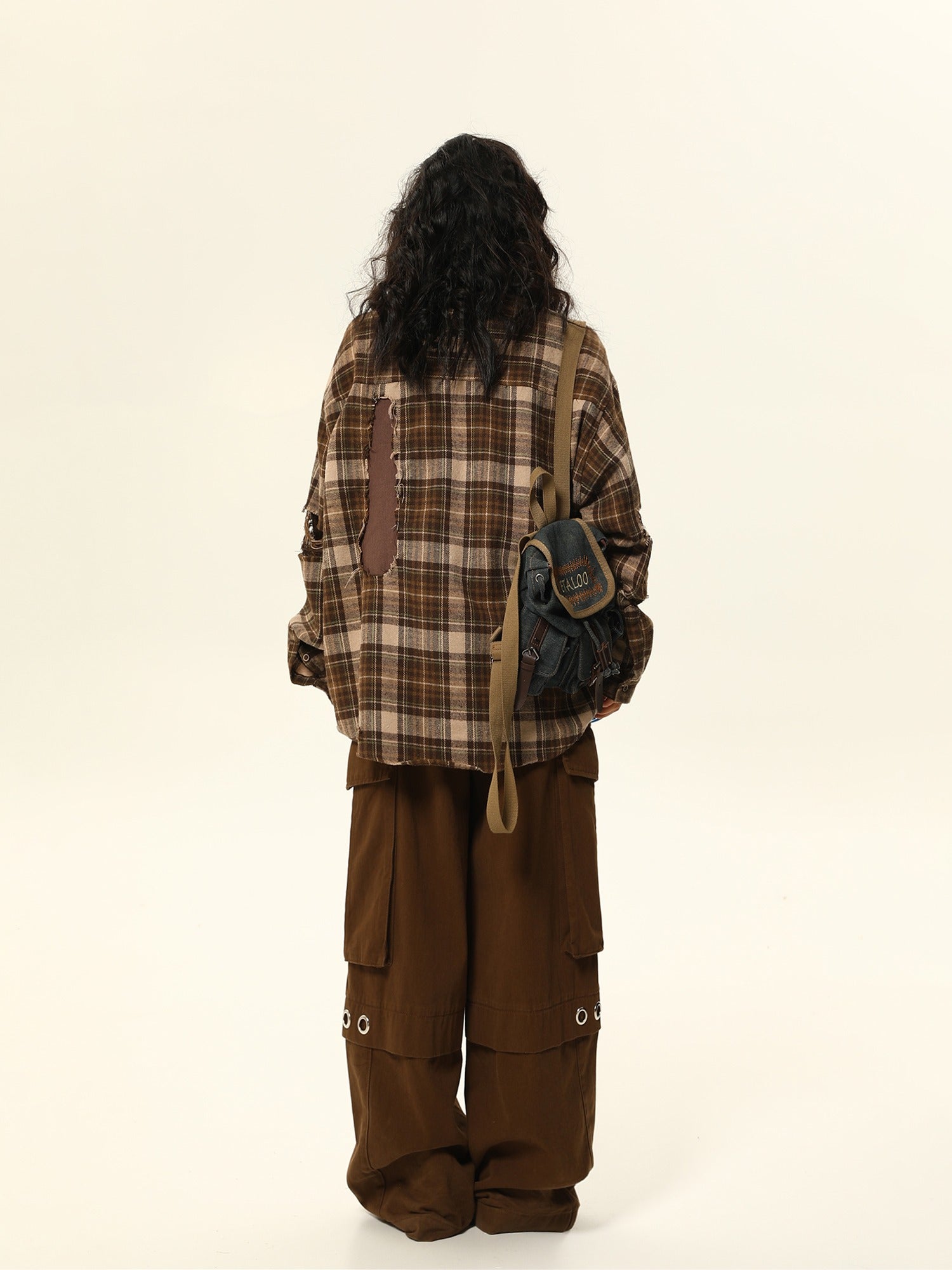 Oversized Distressed Plaid Flannel Shirt with Intentional Patches