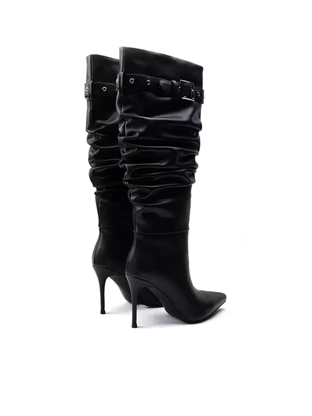 Buckle-Trim Ruched Leather Stiletto Boots - view 7