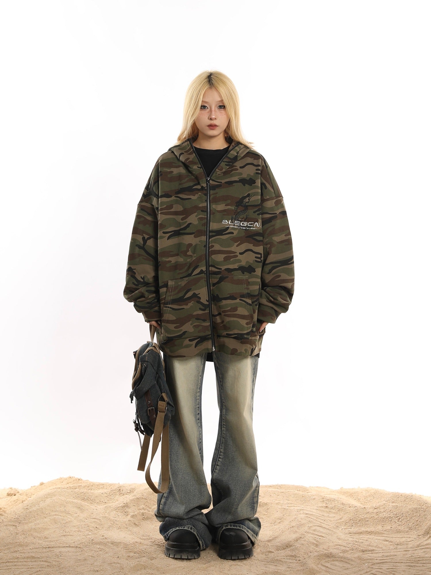 Oversized Camo Print Fleece Jacket