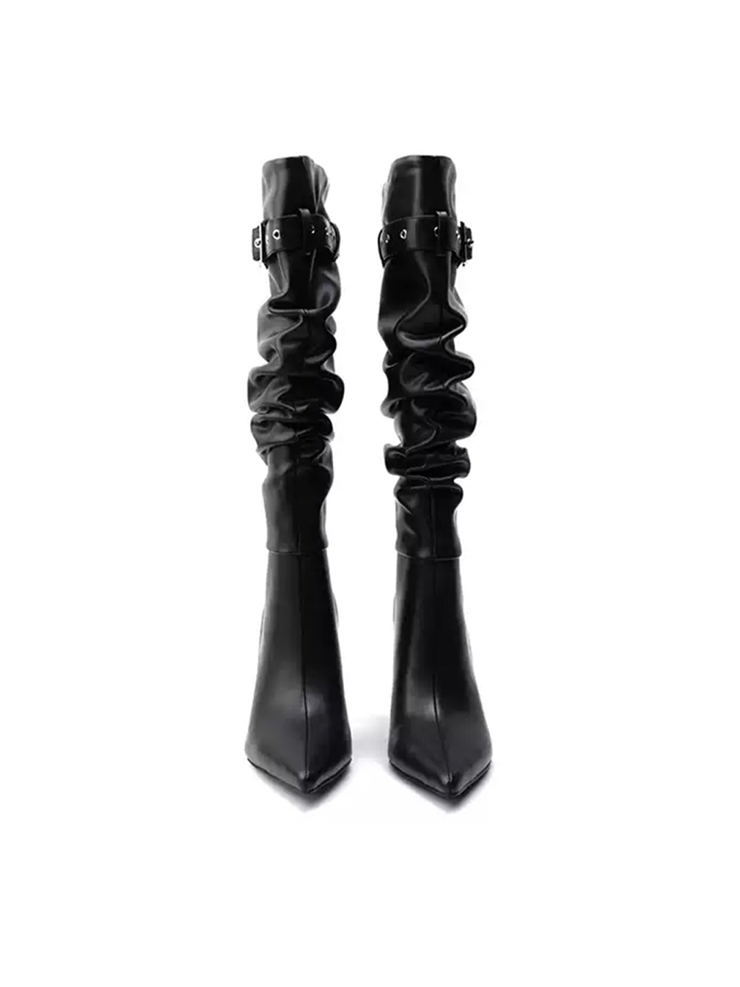 Buckle-Trim Ruched Leather Stiletto Boots - view 9