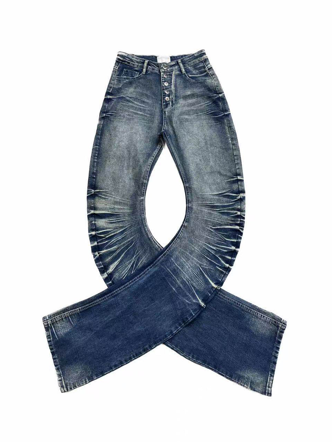 Crackle-Wash Whisker Flared Jeans