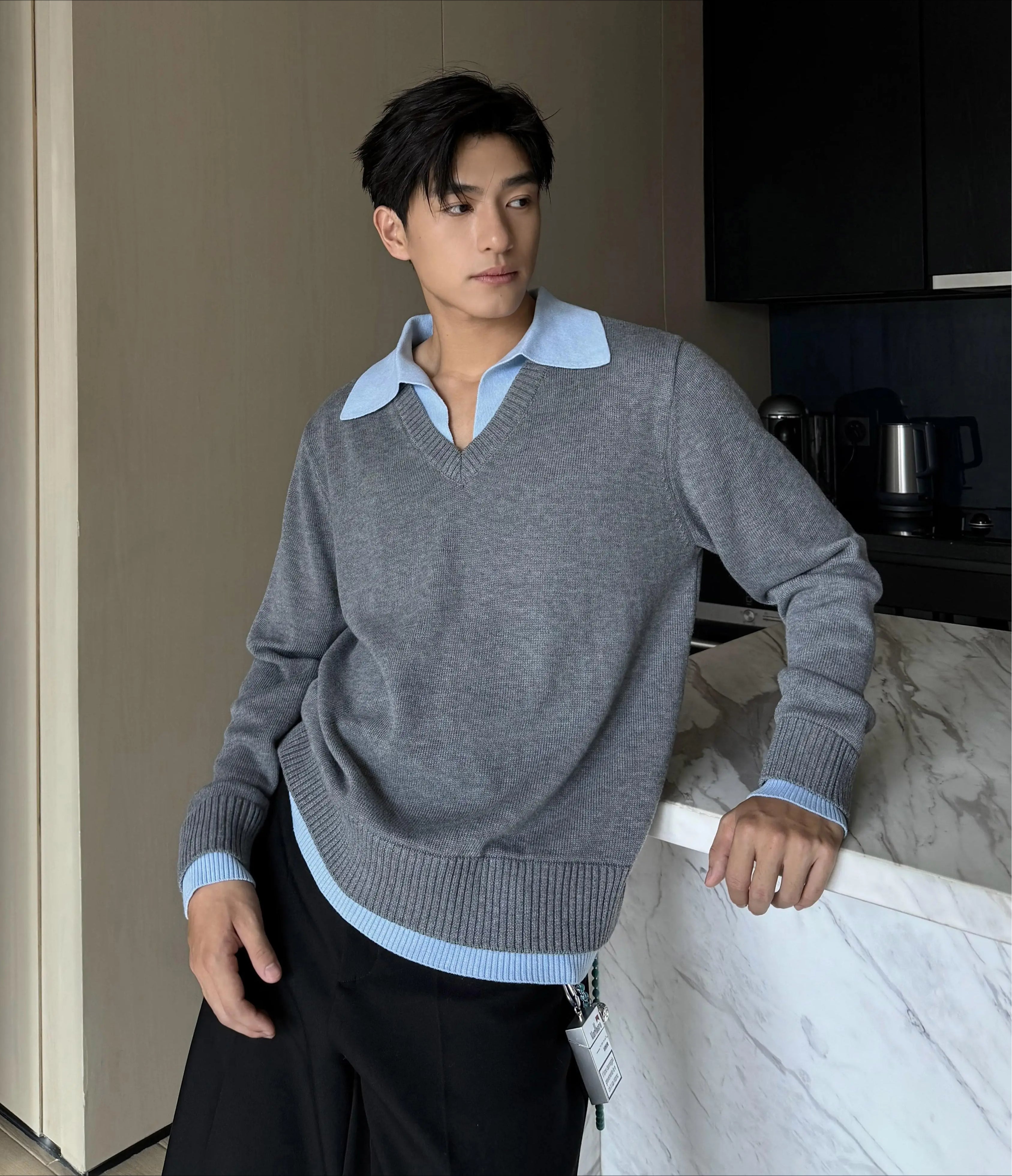 Classic Grey V-Neck Knit Wool Sweater