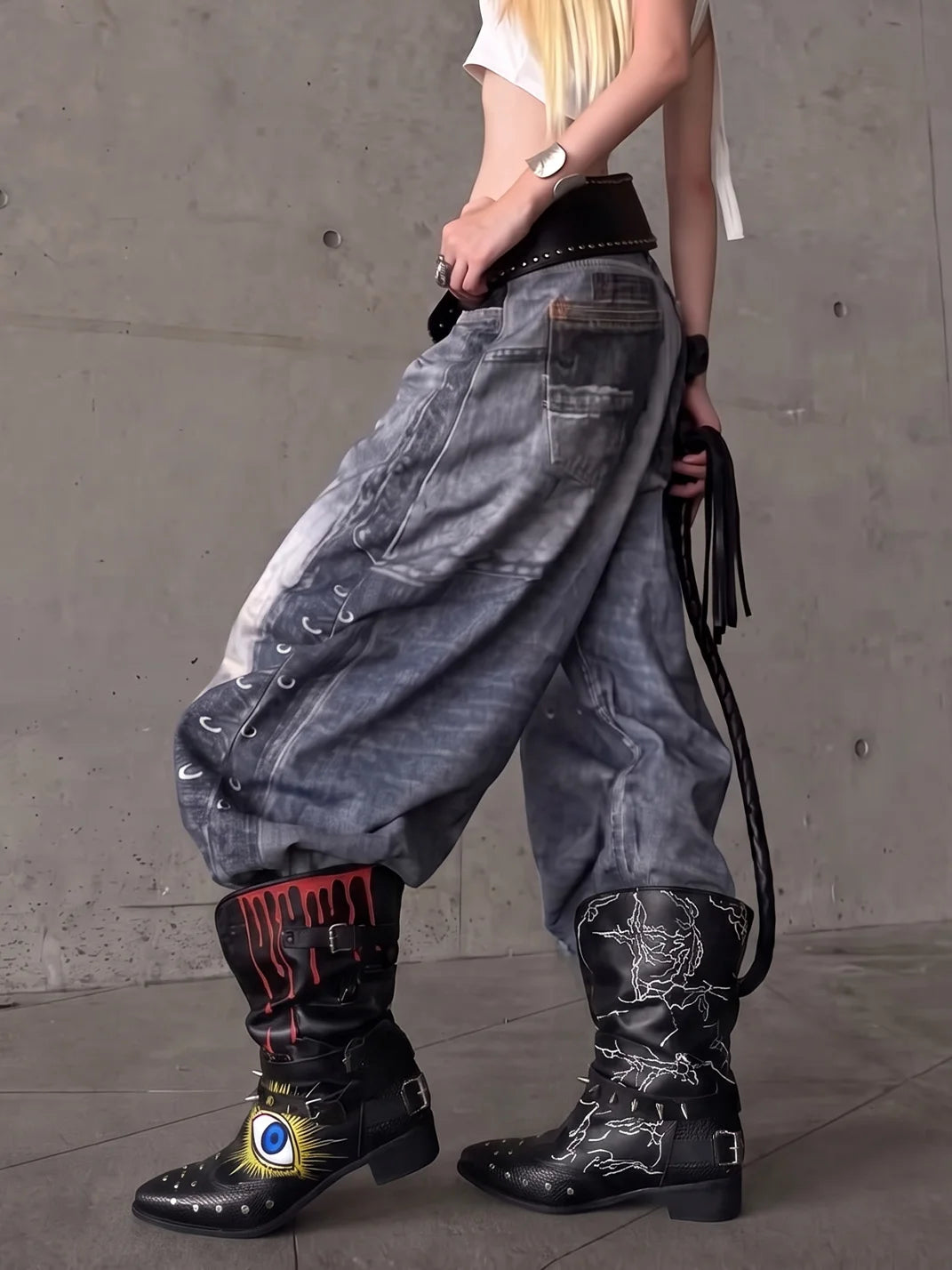 Graffiti Studded Pointed-Toe Buckle Boots - view 2