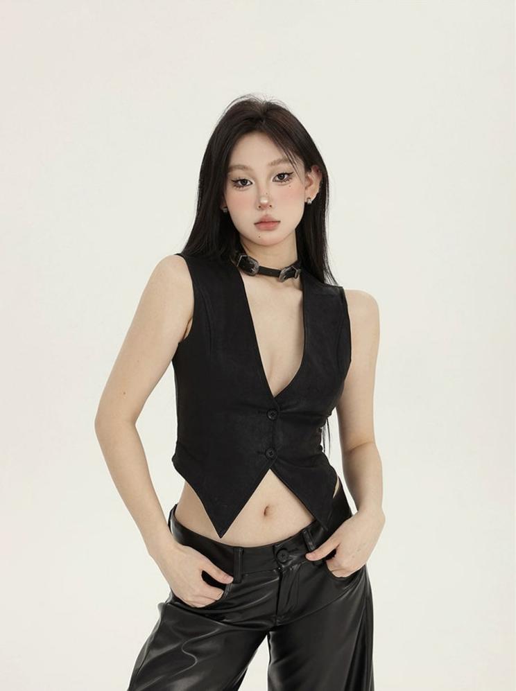 Black Cropped Vest with Deep V-neck