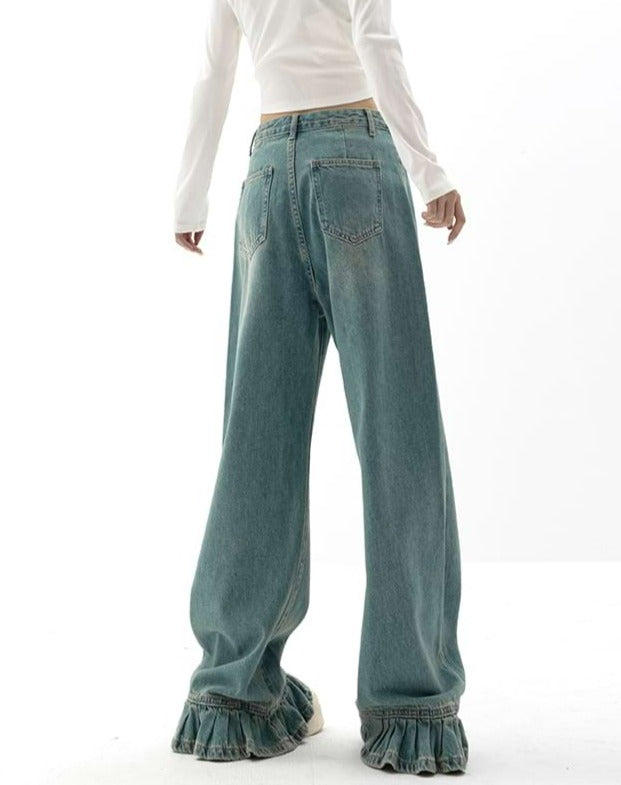 Teal Ruffle Wide Leg Jeans