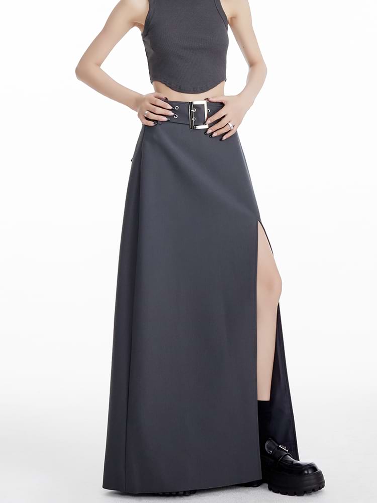 Maxi Skirt with Side Slit and Grommet Belt