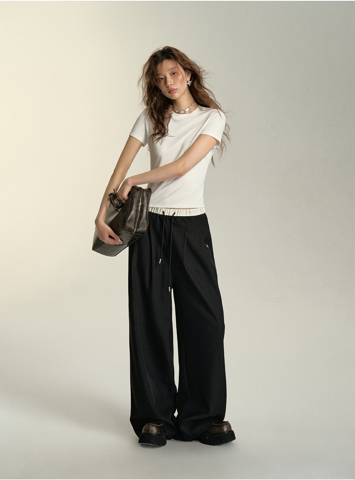 Relaxed Fit Drawstring Waist Wide Leg Pants - chiclara