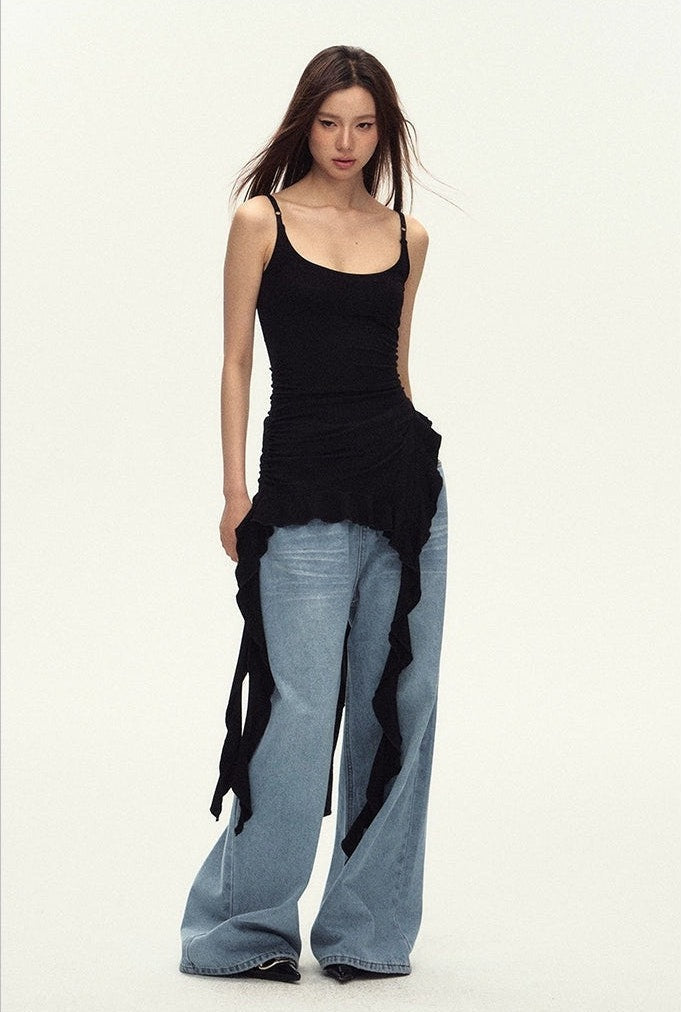Ruched Asymmetric Black Cami Top