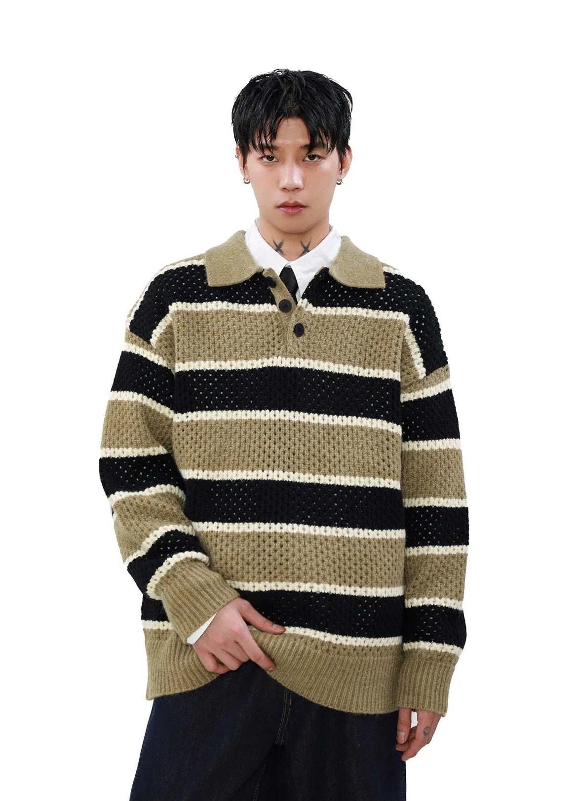 Striped Knit Polo Sweater