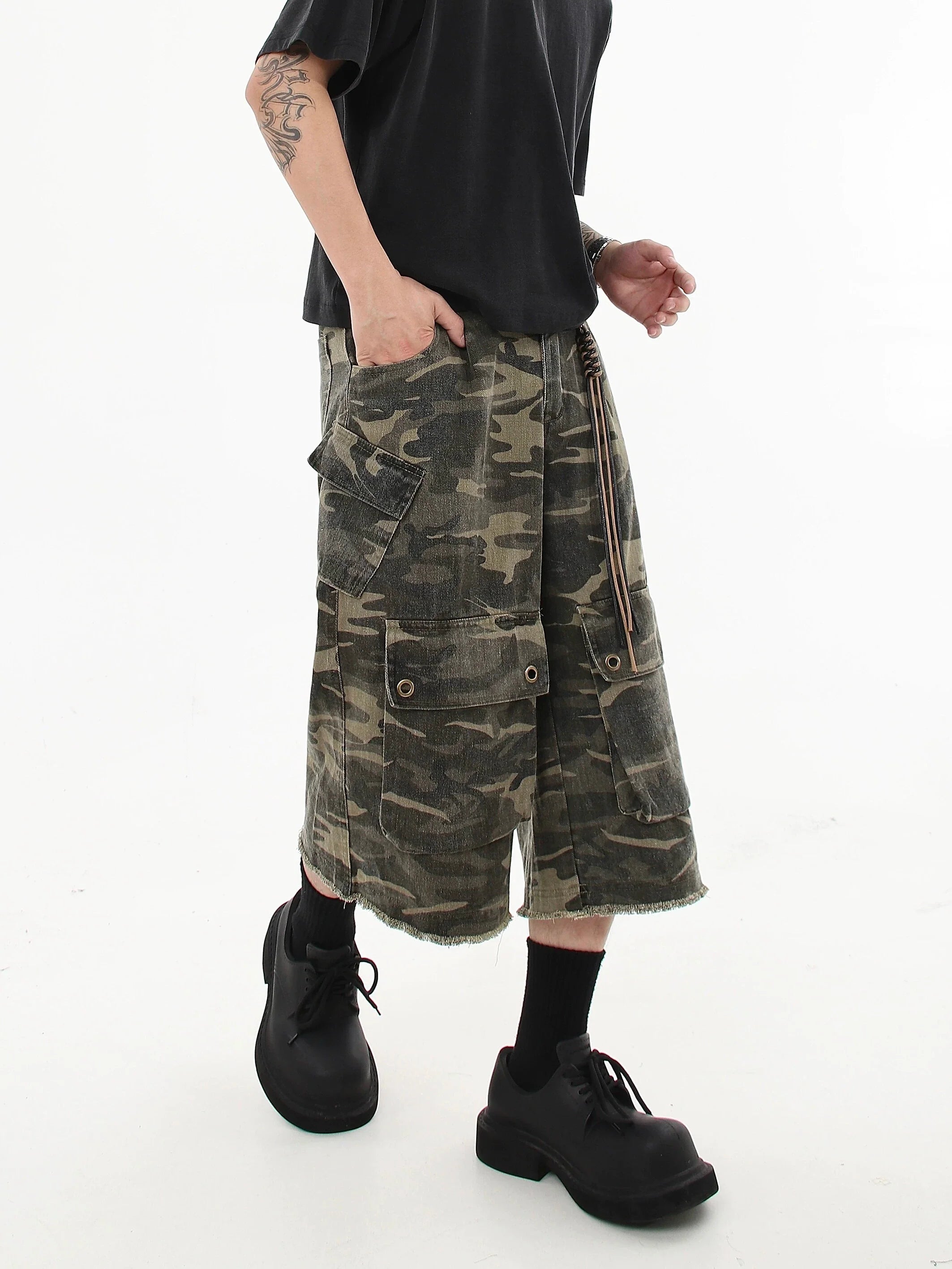 Camo Print Wide Leg Cargo Culottes