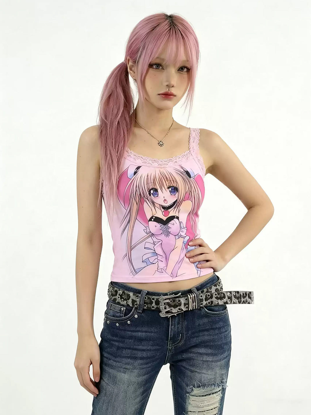 Pink Portrait Lace-Edge Cotton Cami — product view 4
