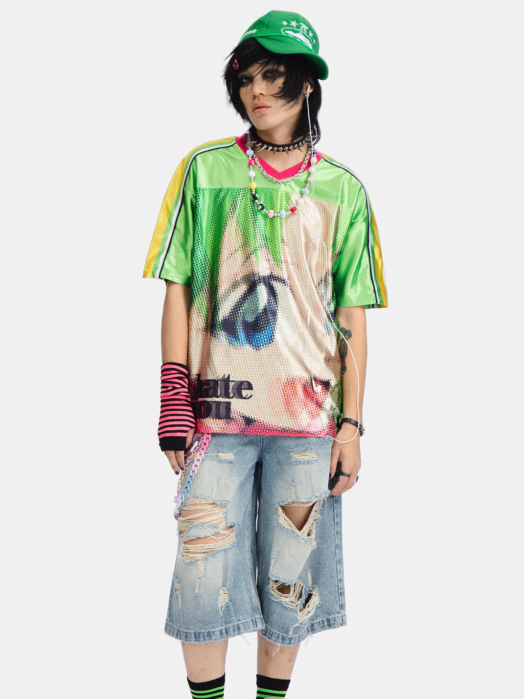 Anime-Eye Contrast V-Neck Jersey Tee — product view 5