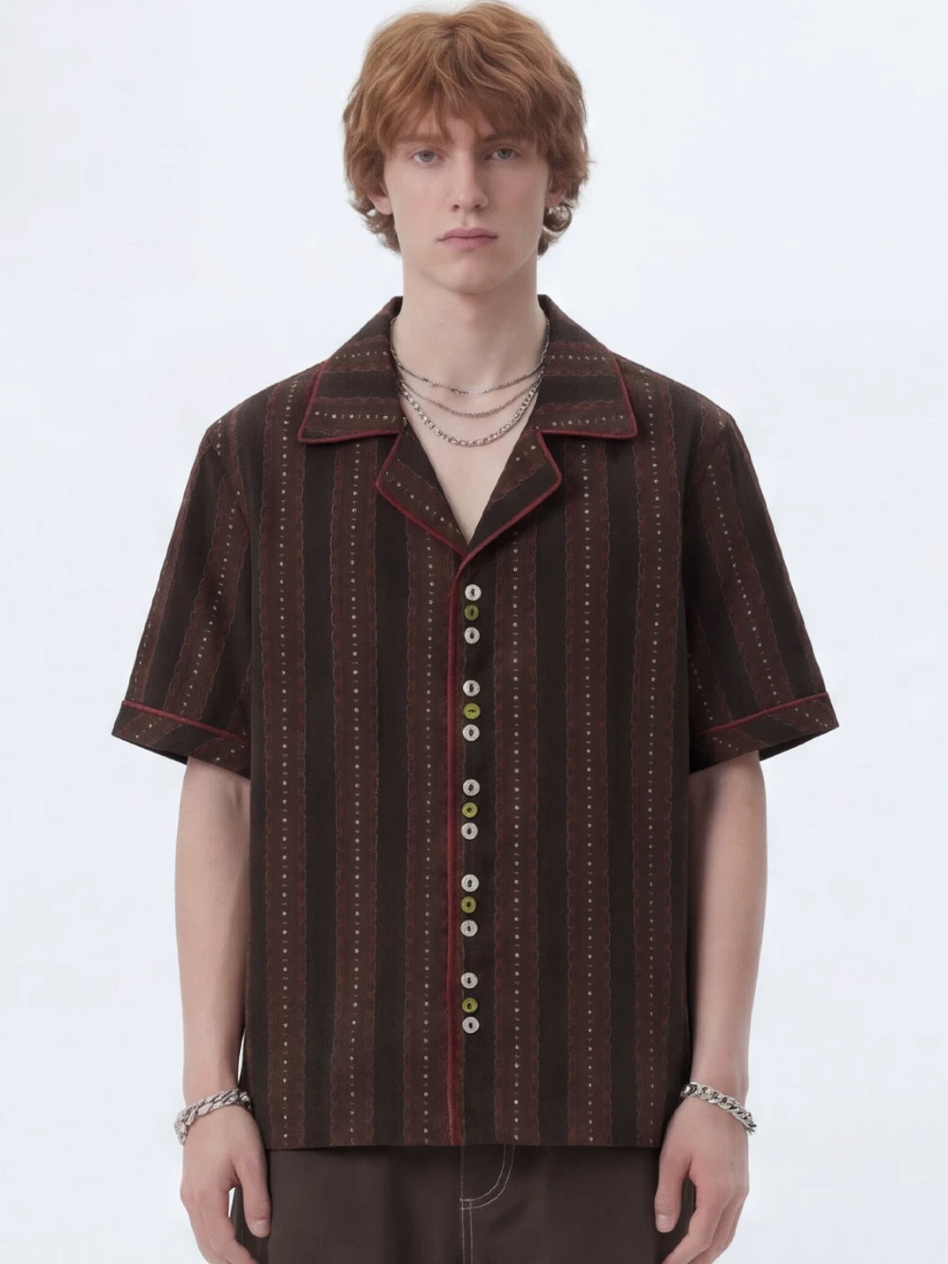 Coffee Stripe Contrast-Trim Camp Shirt — product view 2