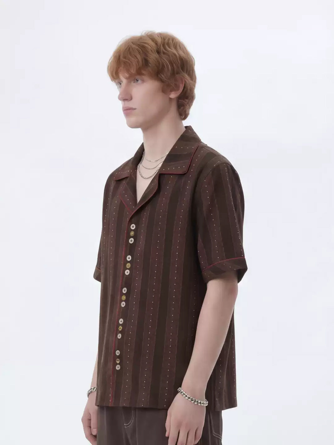 Coffee Stripe Contrast-Trim Camp Shirt — product view 4