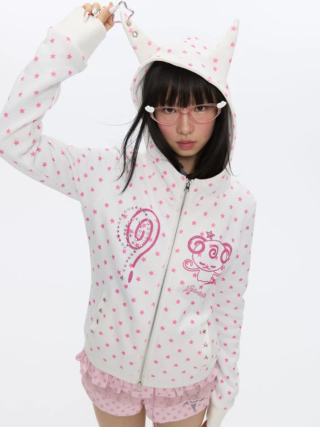 Star-Print Ear-Hood Glitter Zip Top — product view 2