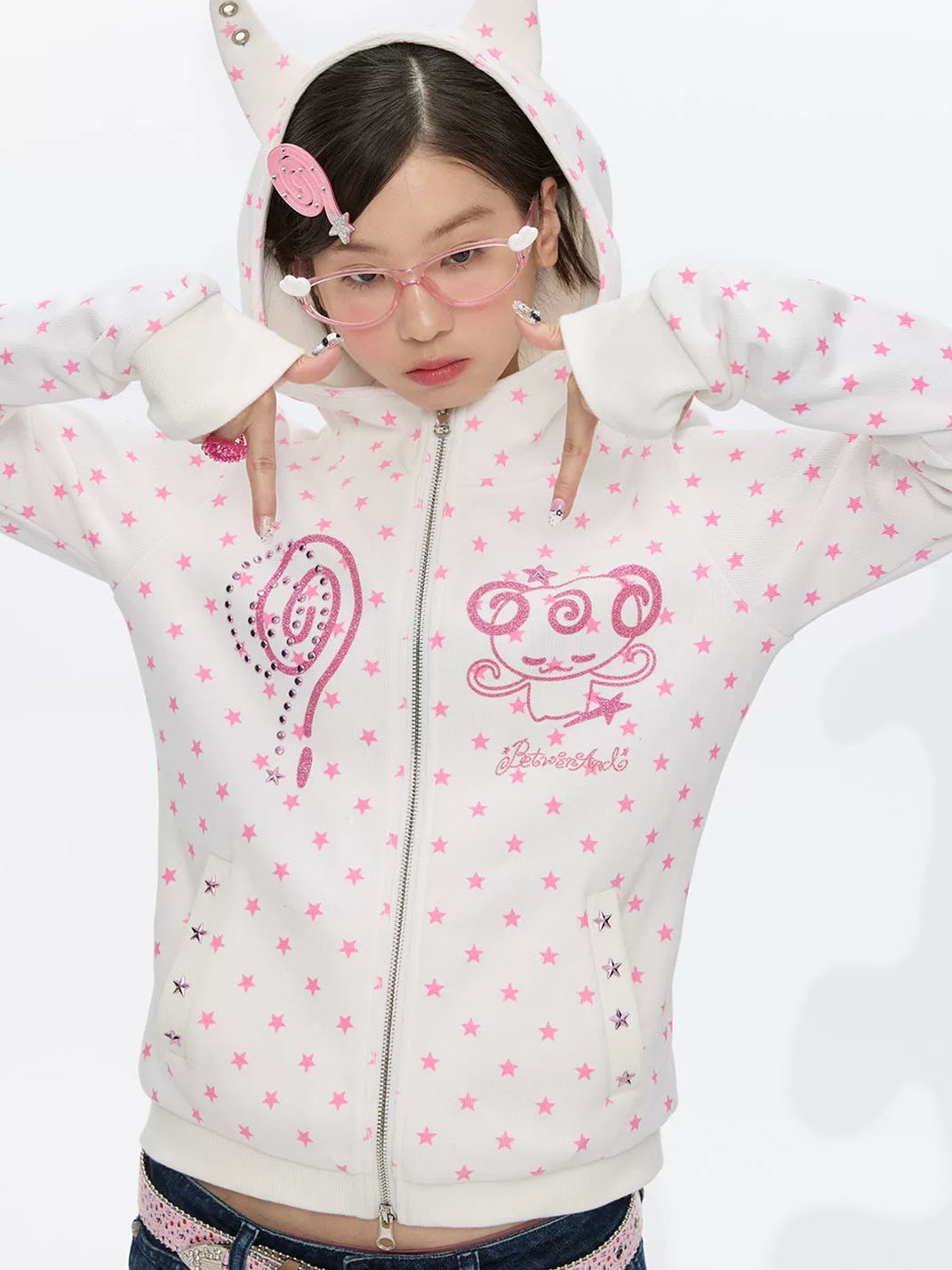 Star-Print Ear-Hood Glitter Zip Top — product view 3