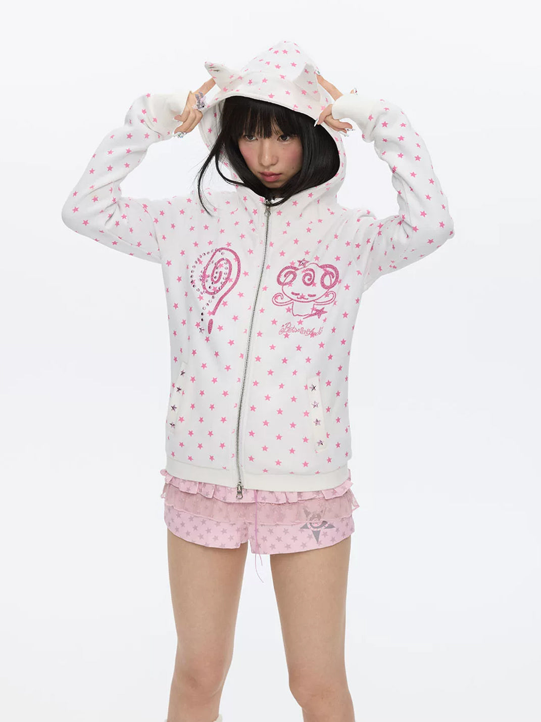 Star-Print Ear-Hood Glitter Zip Top — product view 4