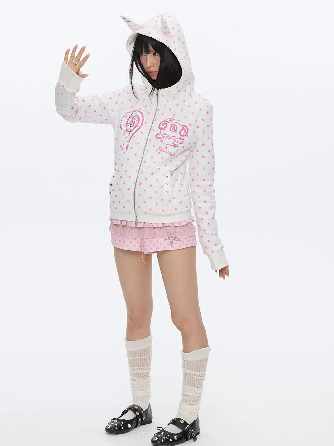 Star-Print Ear-Hood Glitter Zip Top — product view 5