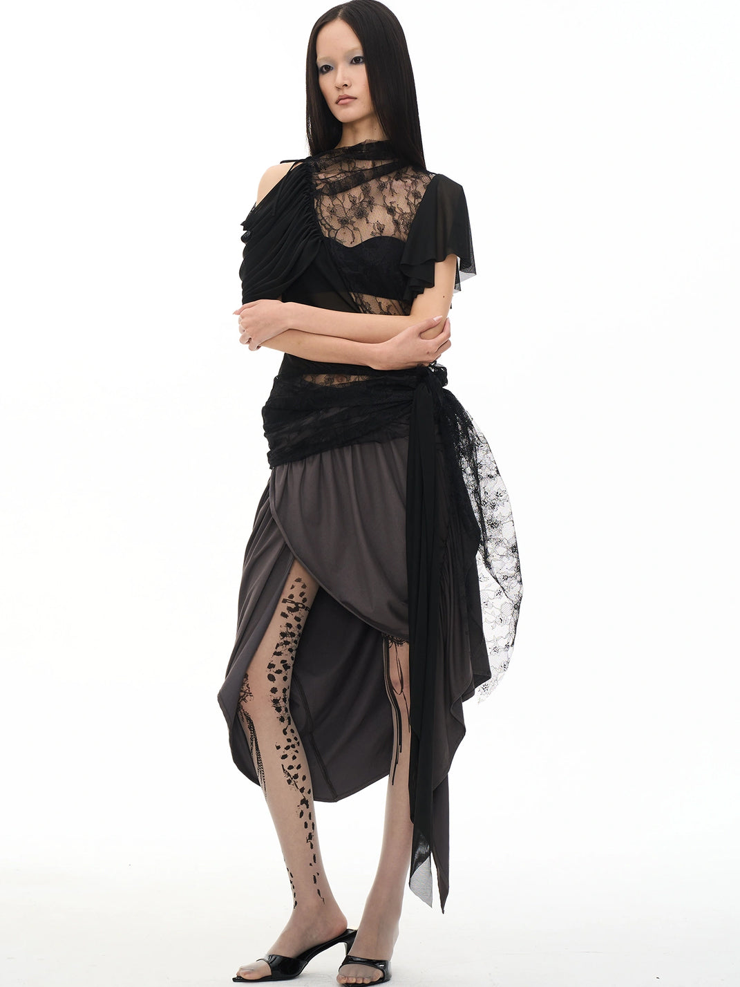Lace-Overlay Asymmetric Ruched Dress — product view 2