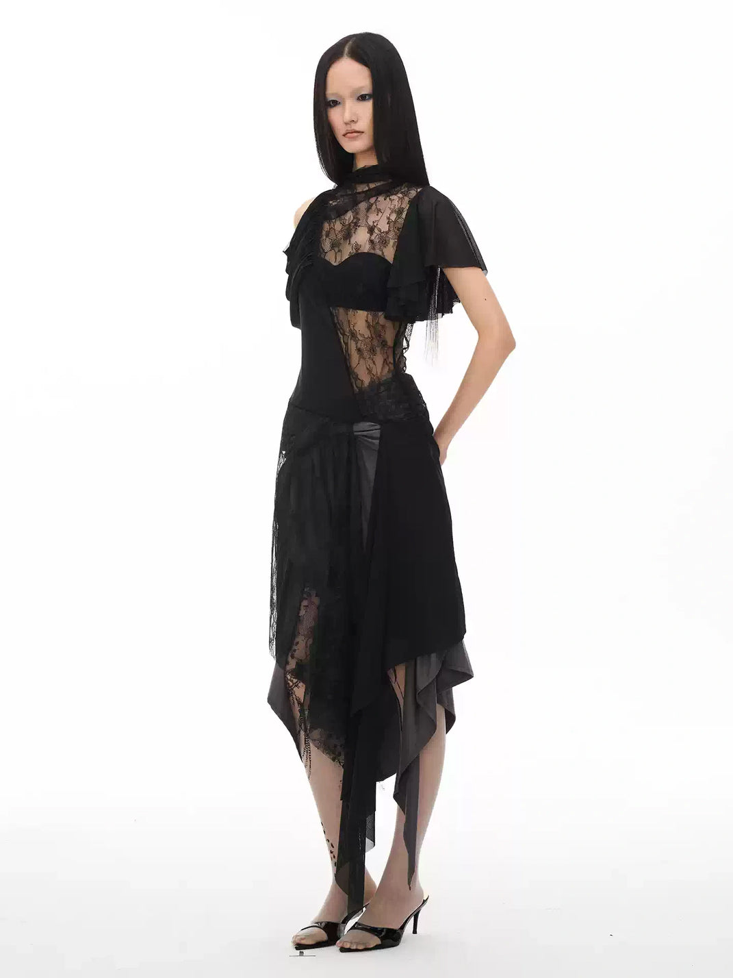 Lace-Overlay Asymmetric Ruched Dress — product view 4