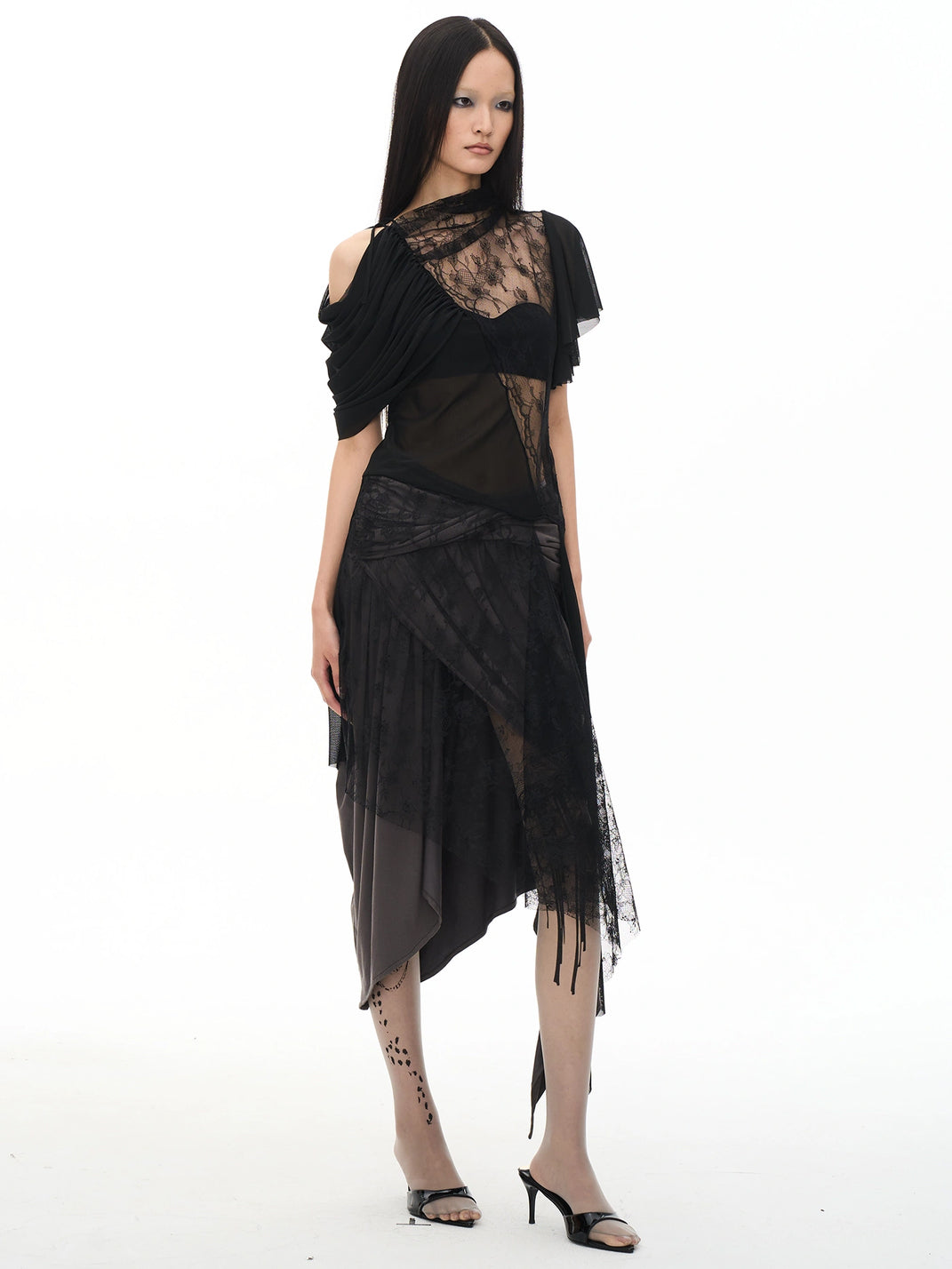 Lace-Overlay Asymmetric Ruched Dress — product view 5