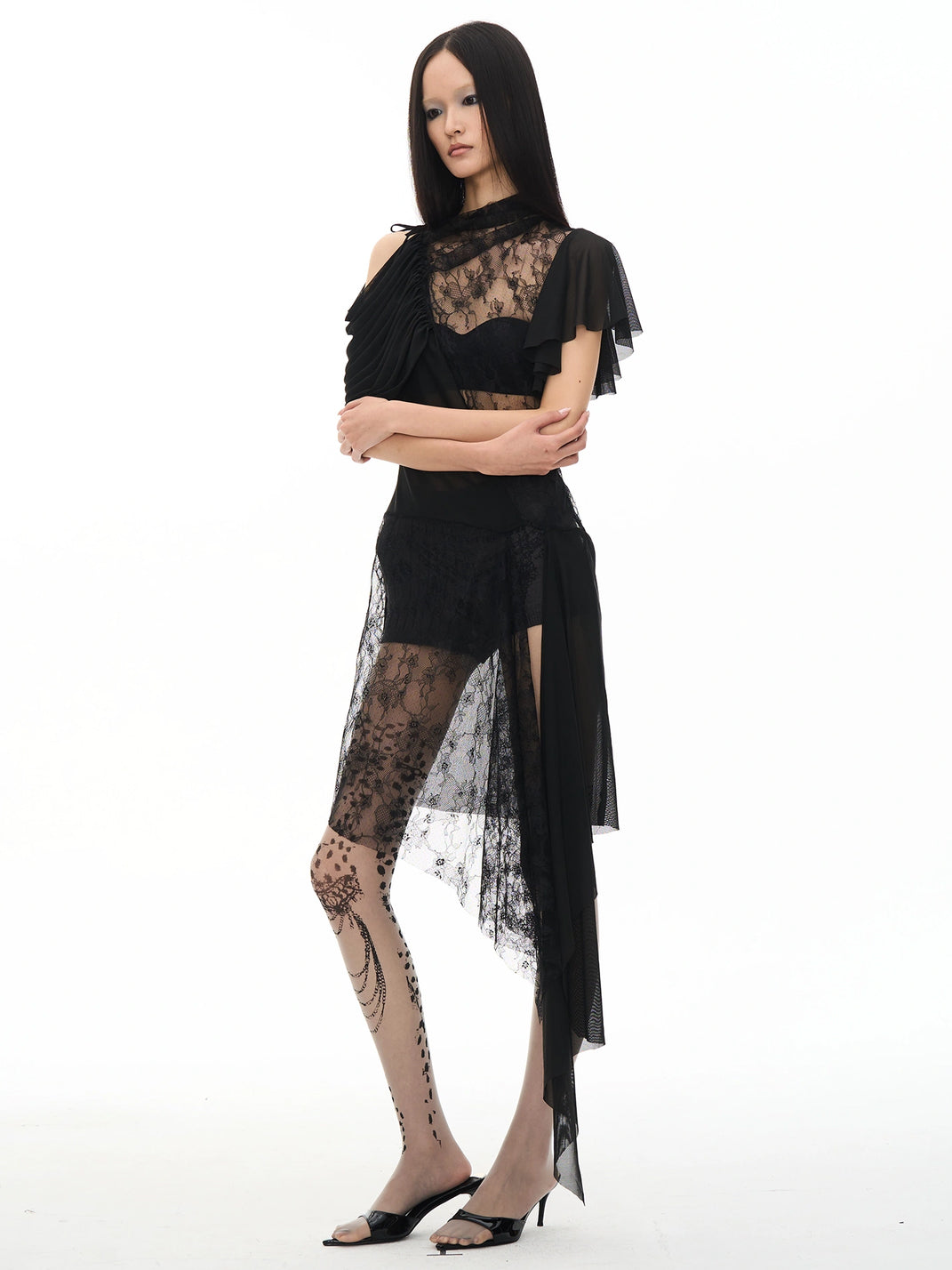 Lace-Overlay Asymmetric Ruched Dress — product view 6