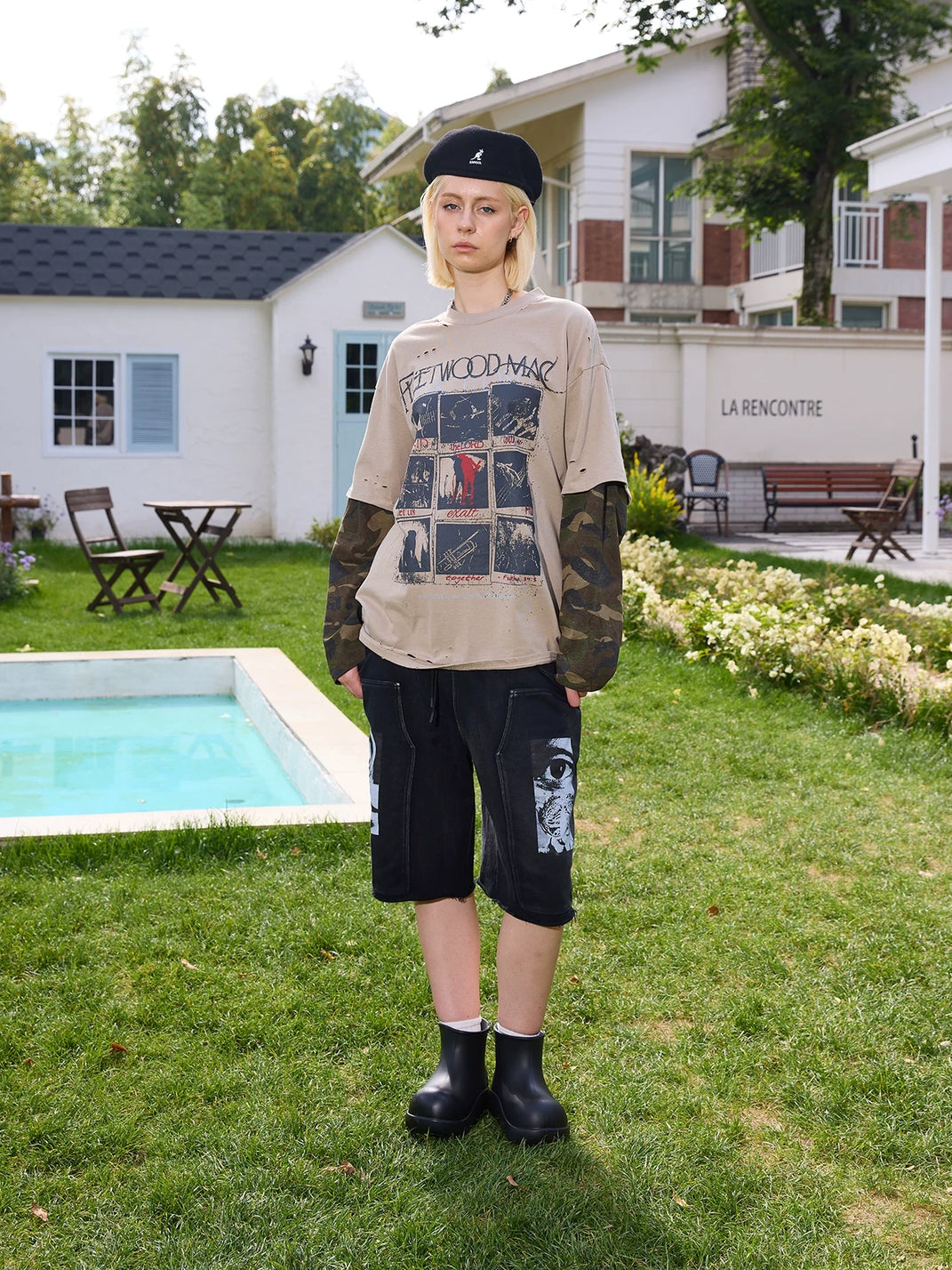 Graphic-Pocket Studded Cotton Long Shorts — product view 6