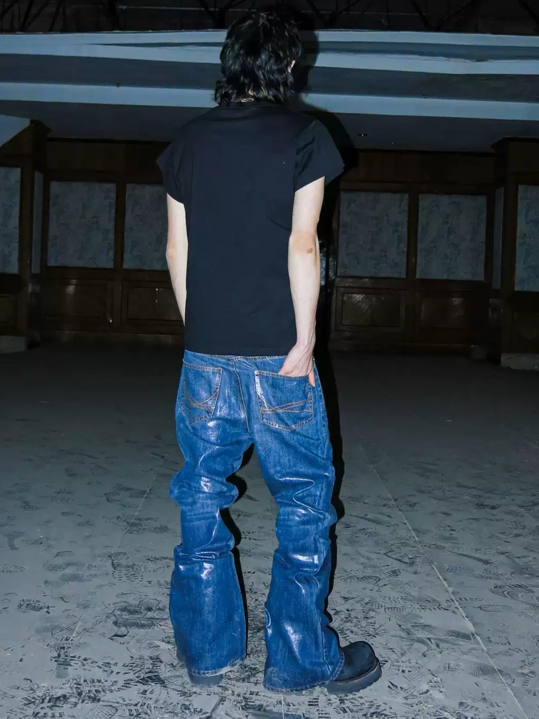 Gloss-Coated Indigo Flare Jeans — product view 5