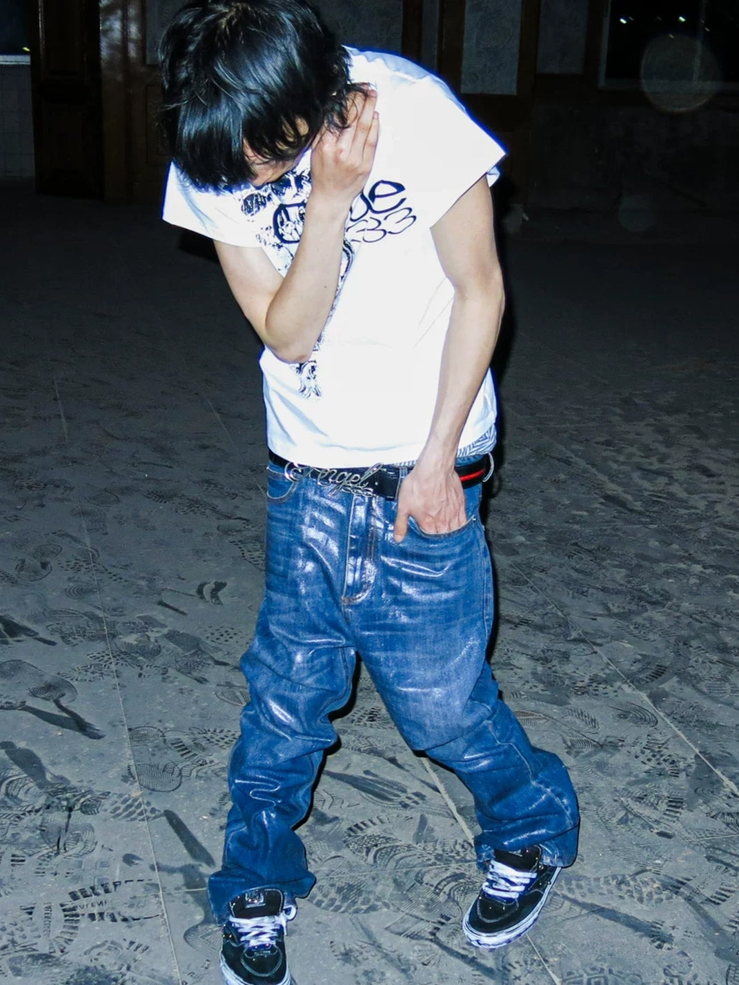 Gloss-Coated Indigo Flare Jeans — product view 6