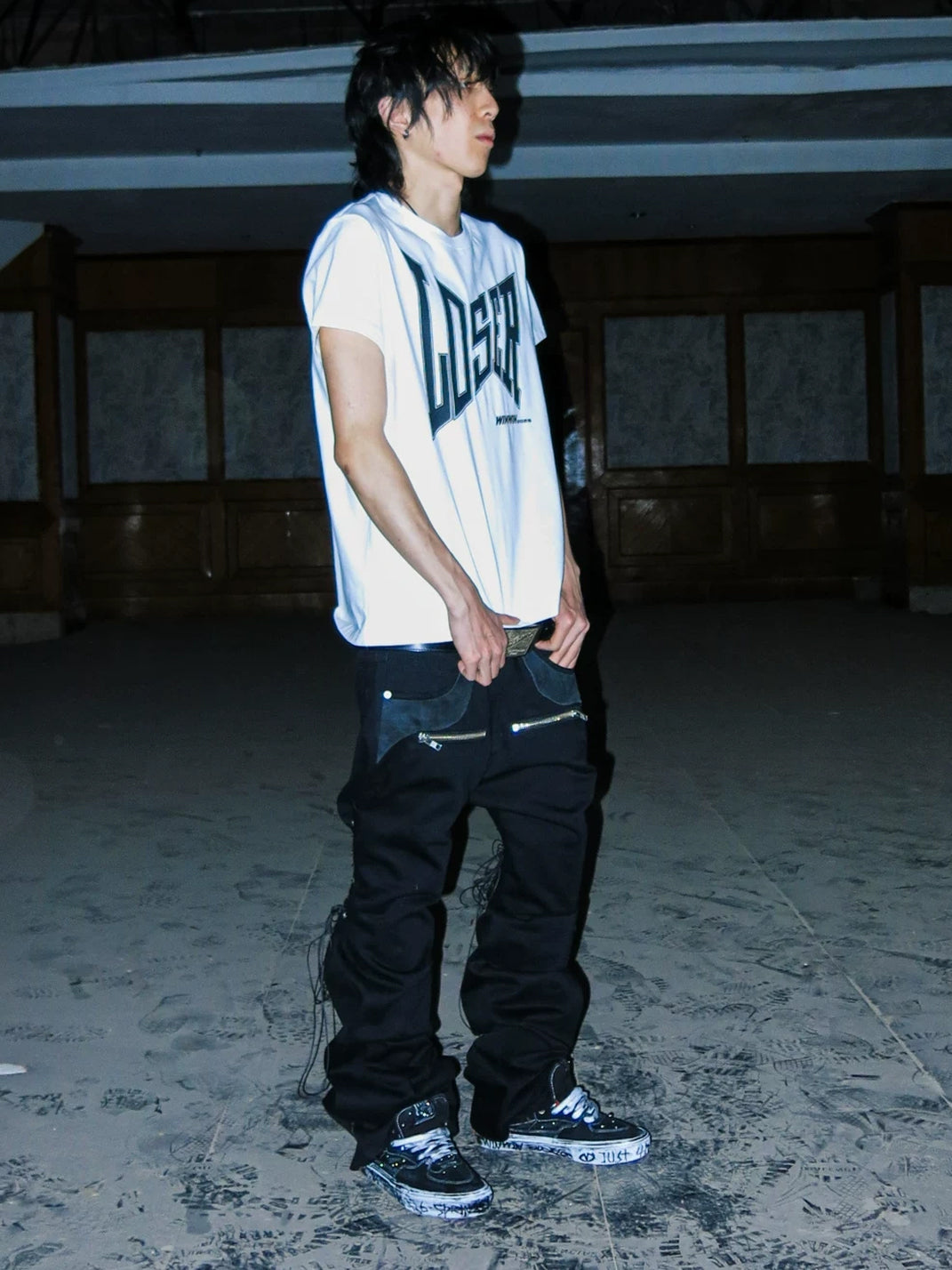 Strapped Leather-Panel Black Flare Jeans — product view 4