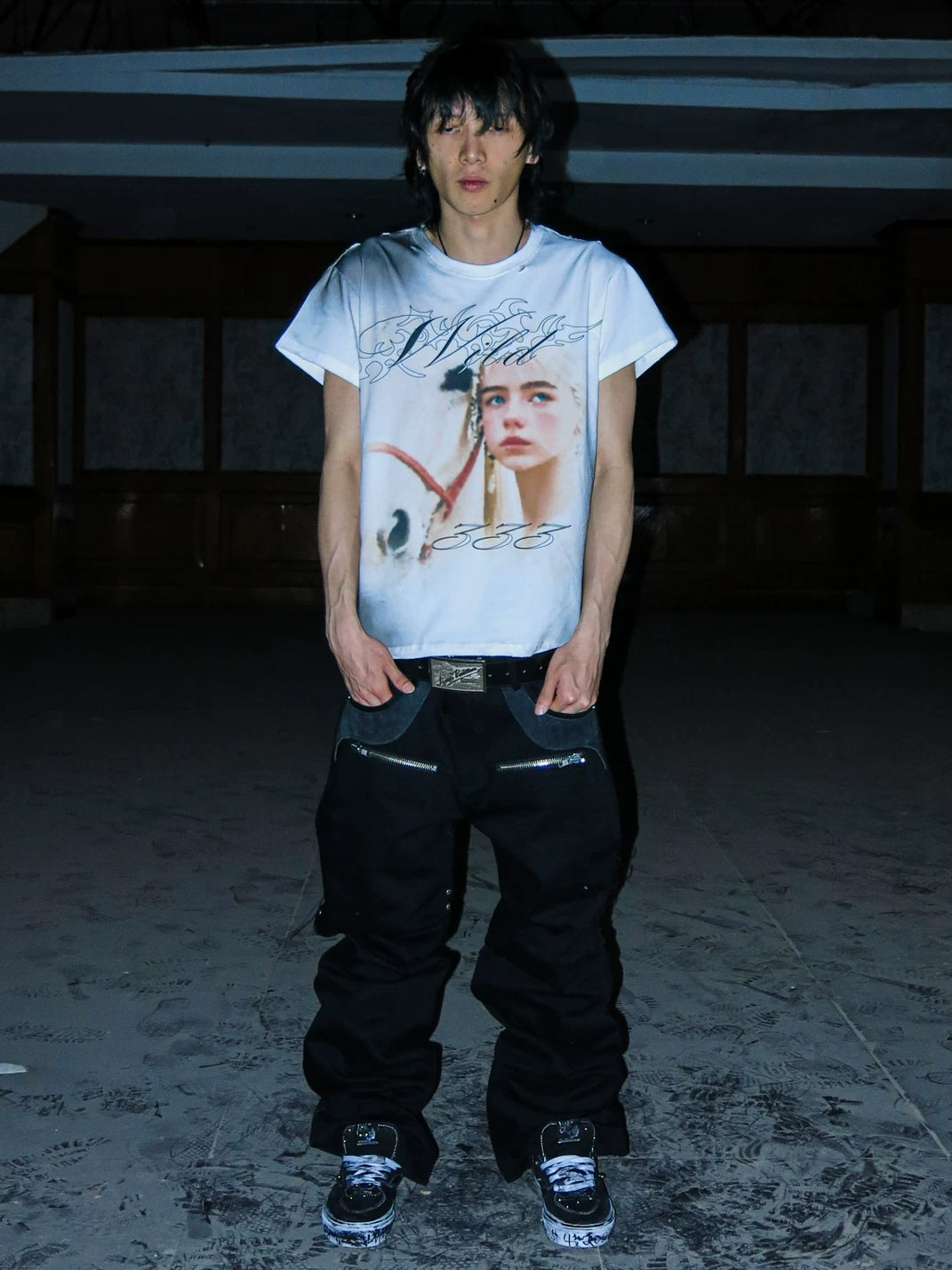 Strapped Leather-Panel Black Flare Jeans — product view 8