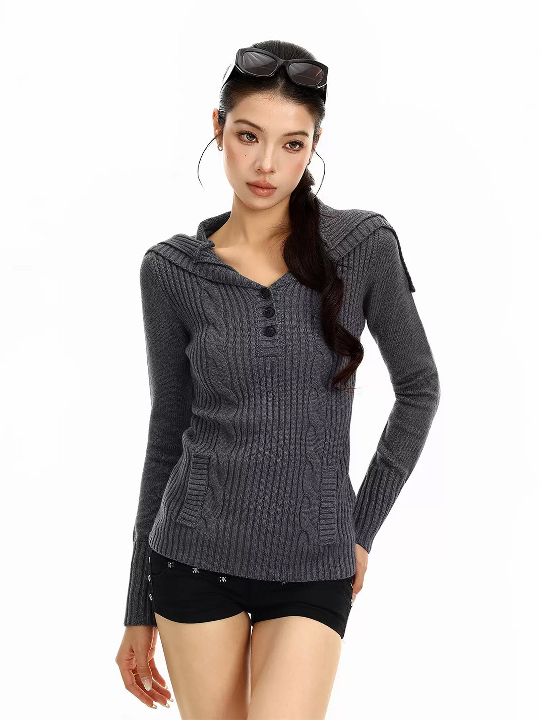 Wide-Collar Cable Knit Pullover — product view 6