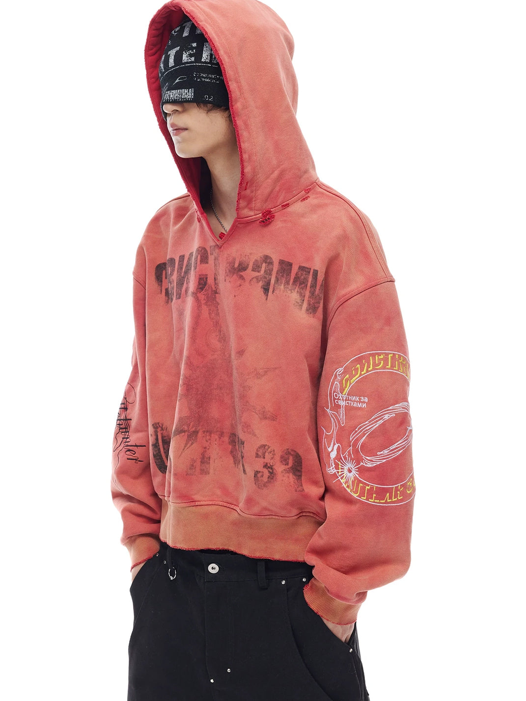 Washed Embroidery Cropped V-Neck Hoodie — view 1