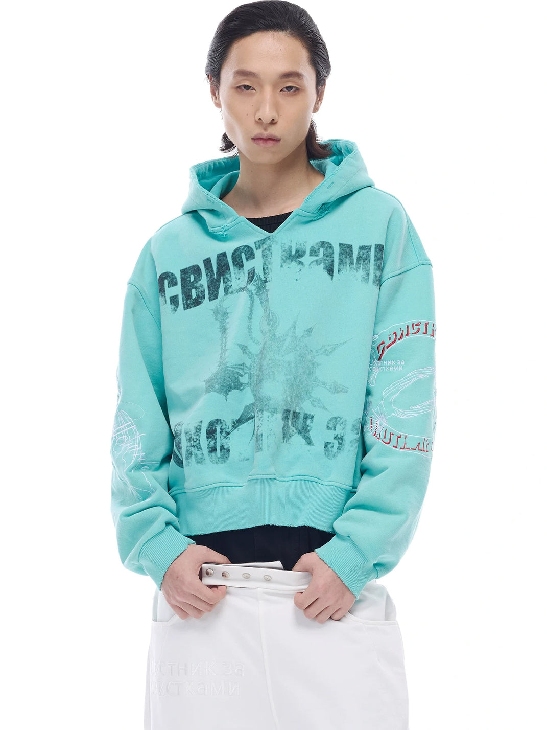 Washed Embroidery Cropped V-Neck Hoodie — view 2