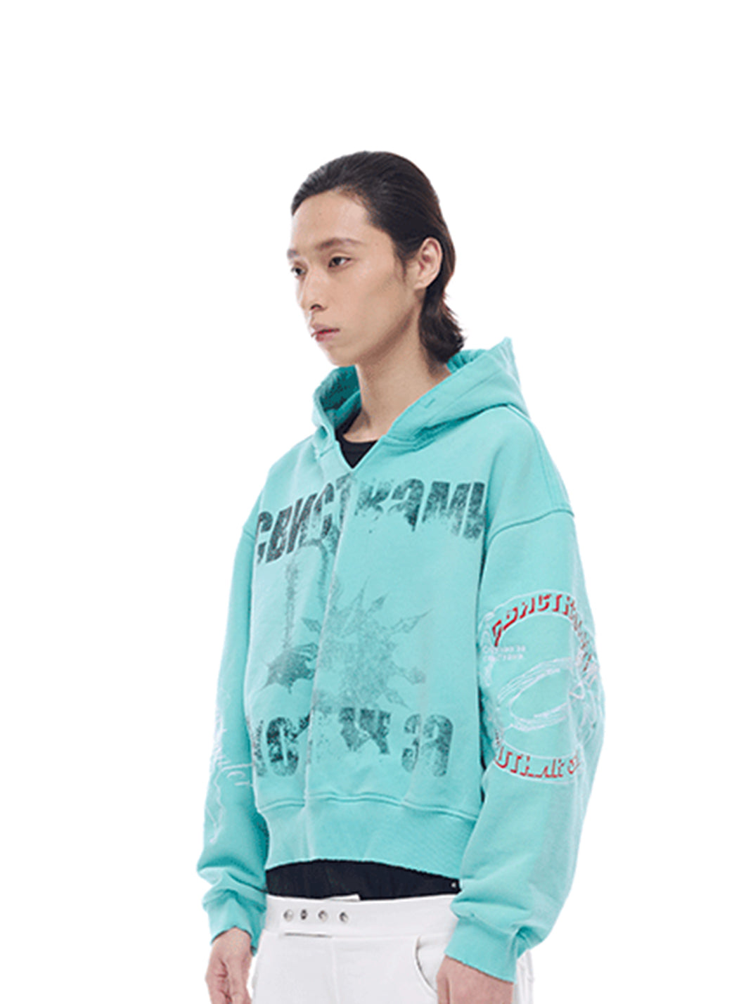 Washed Embroidery Cropped V-Neck Hoodie — view 3