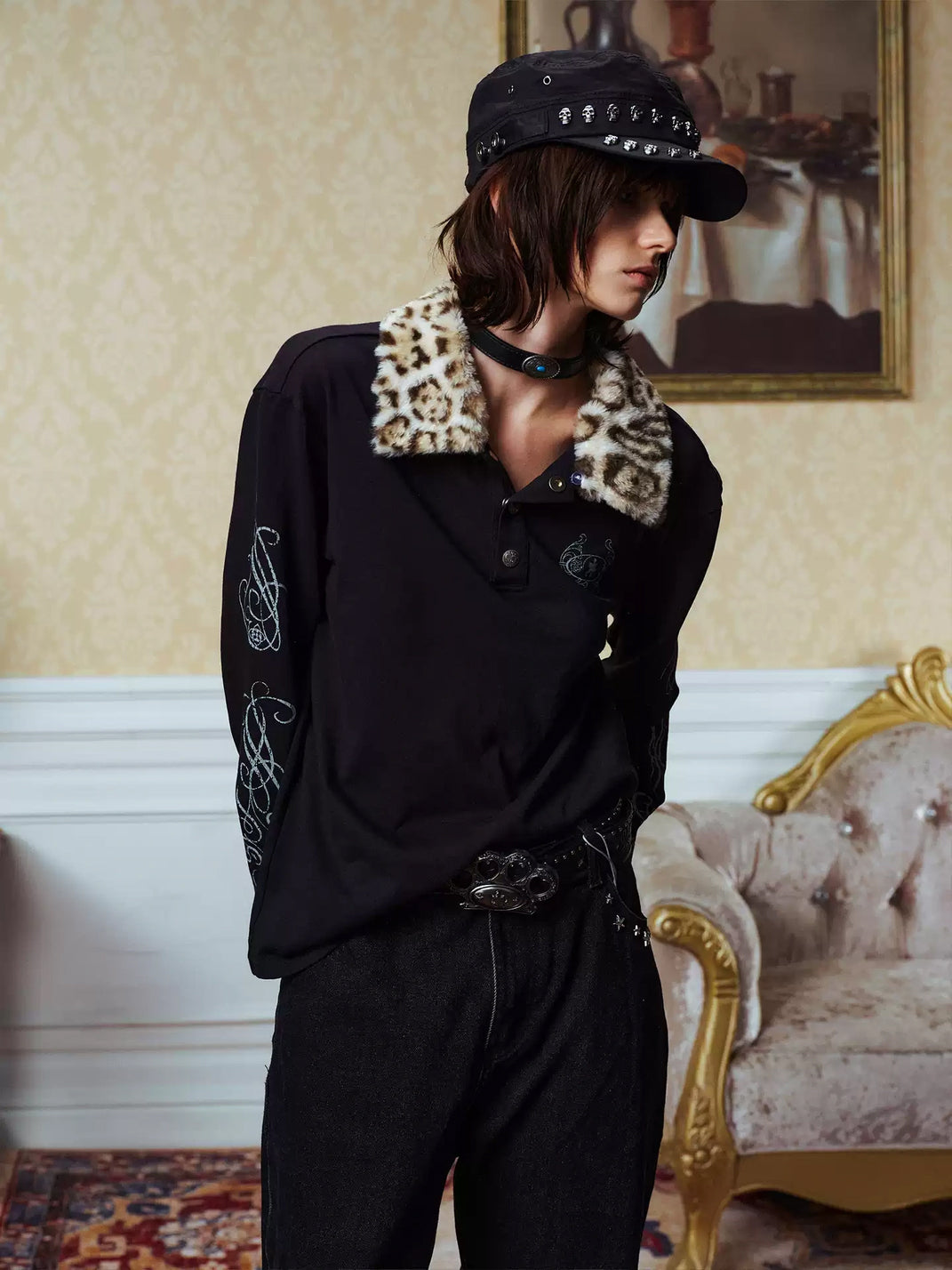 Leopard-Collar Snap Cotton Polo — view 2