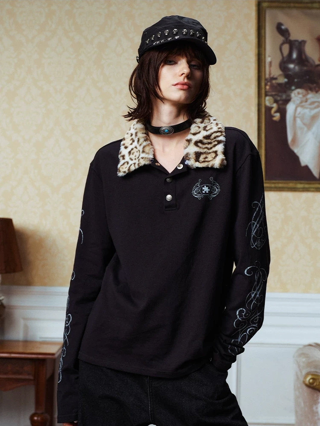 Leopard-Collar Snap Cotton Polo — view 3