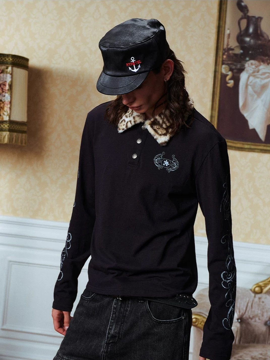 Leopard-Collar Snap Cotton Polo — view 7