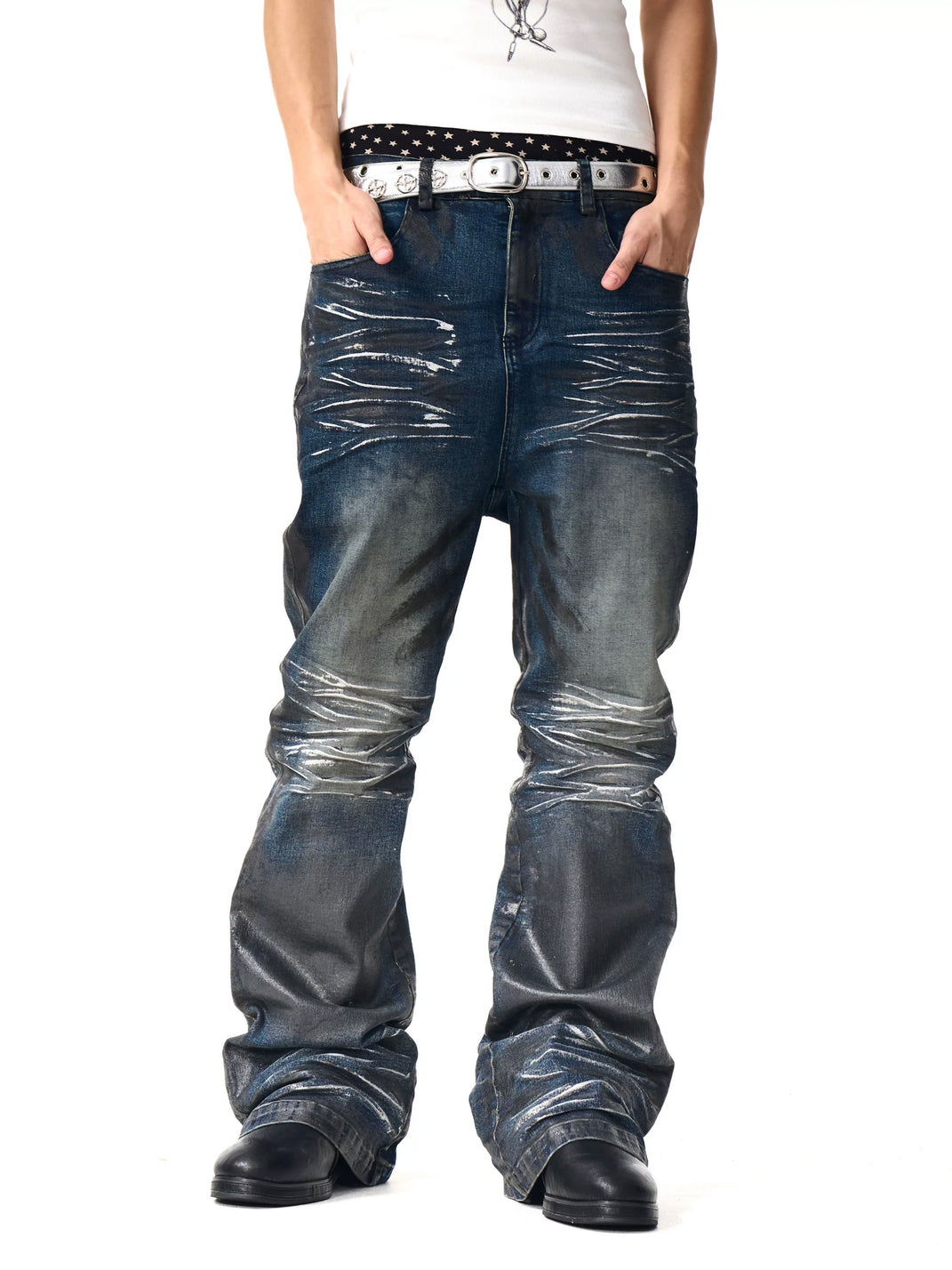 Waxed Indigo Flare Jeans — view 3