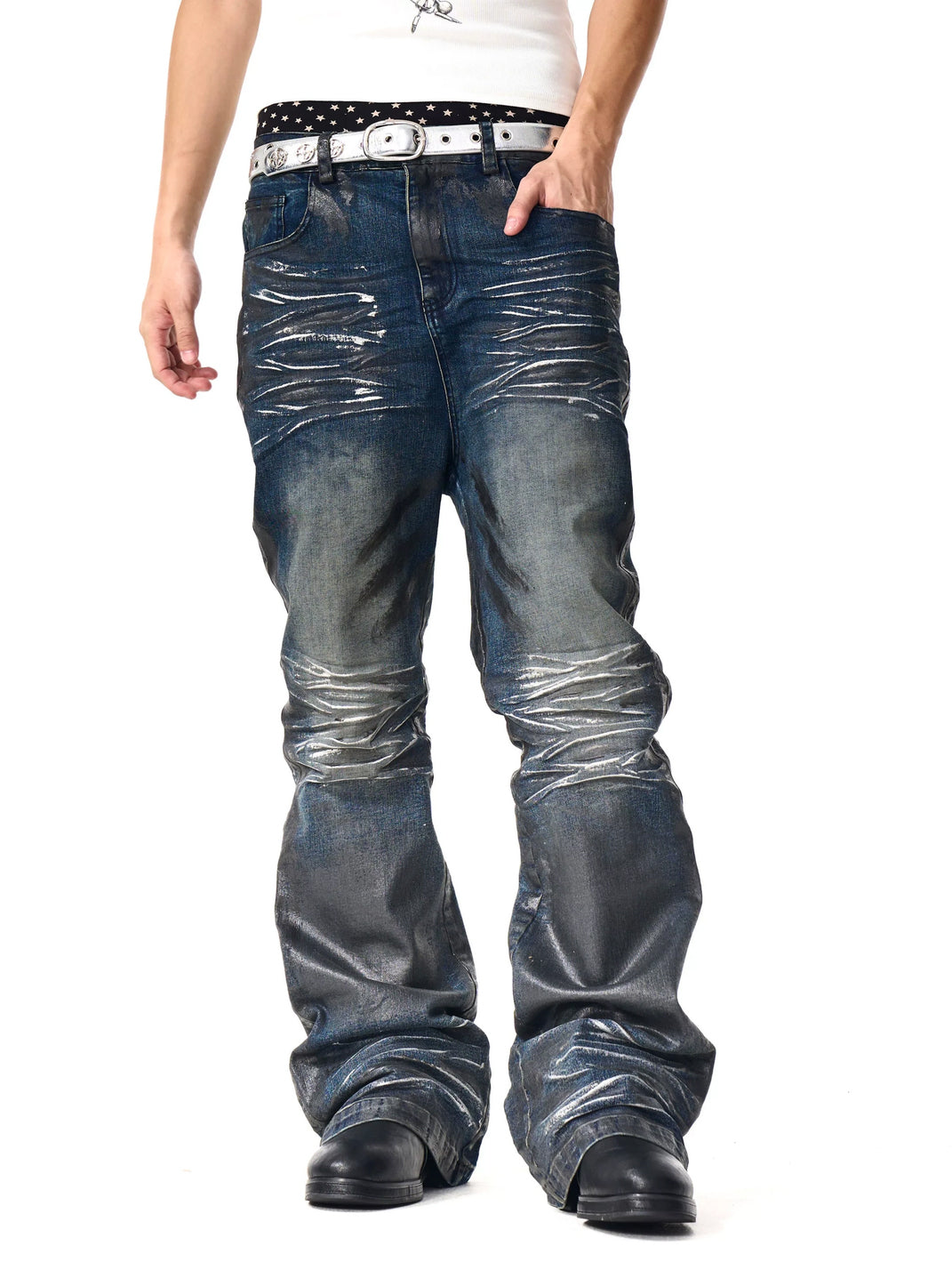 Waxed Indigo Flare Jeans — view 5
