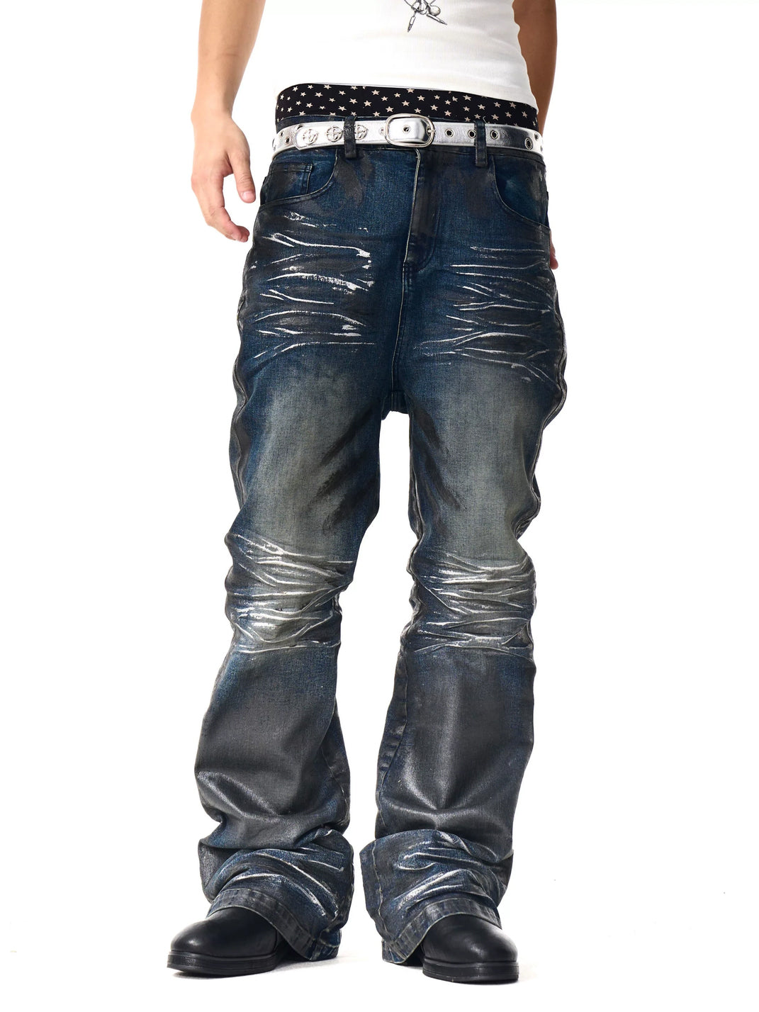 Waxed Indigo Flare Jeans — view 6
