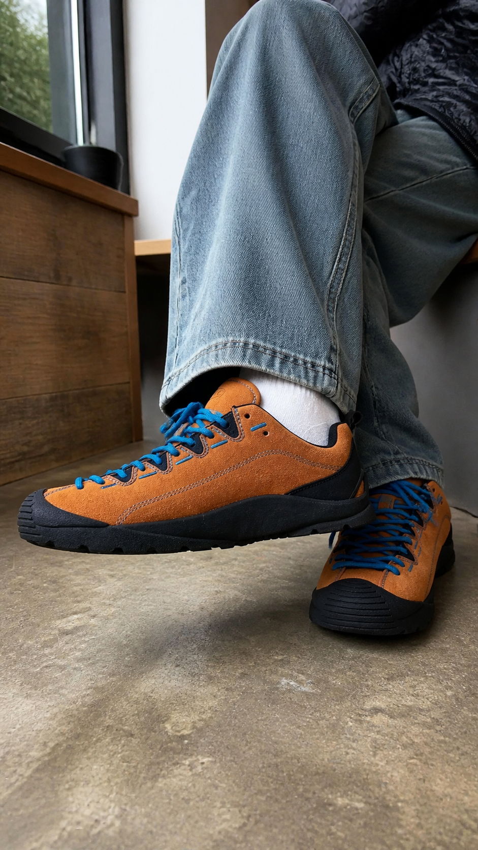 Canyon Trail Suede Sneakers in a casual cafe outfit