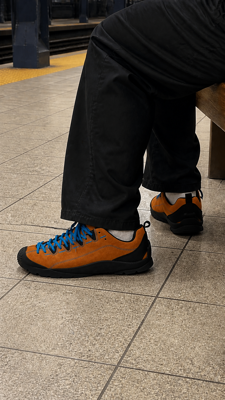 Canyon Trail Suede Sneakers in a casual transit bench outfit