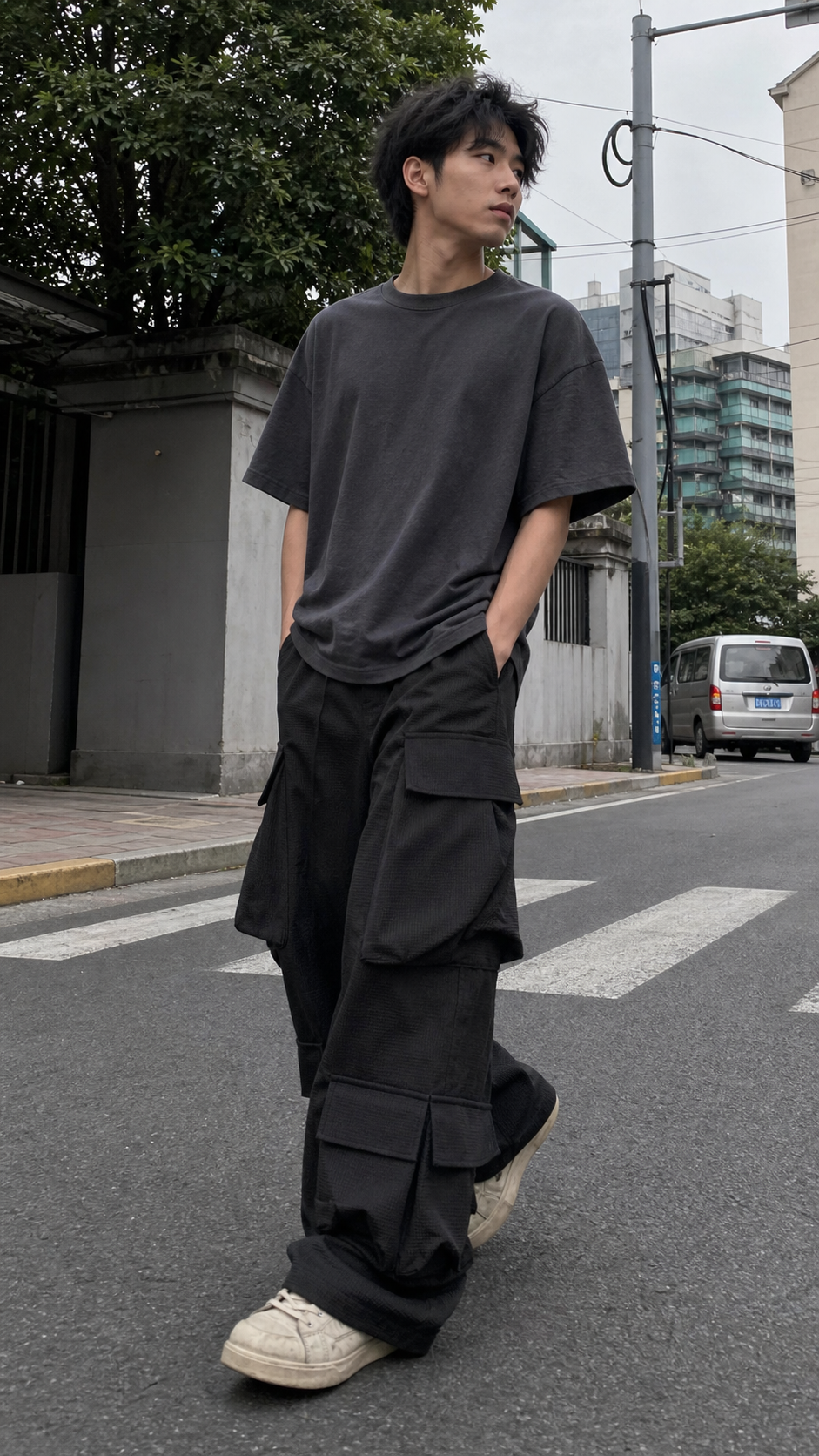 Men's Multi-Pocket Curved Wide-Leg Cargo Pants natural street walk showcase
