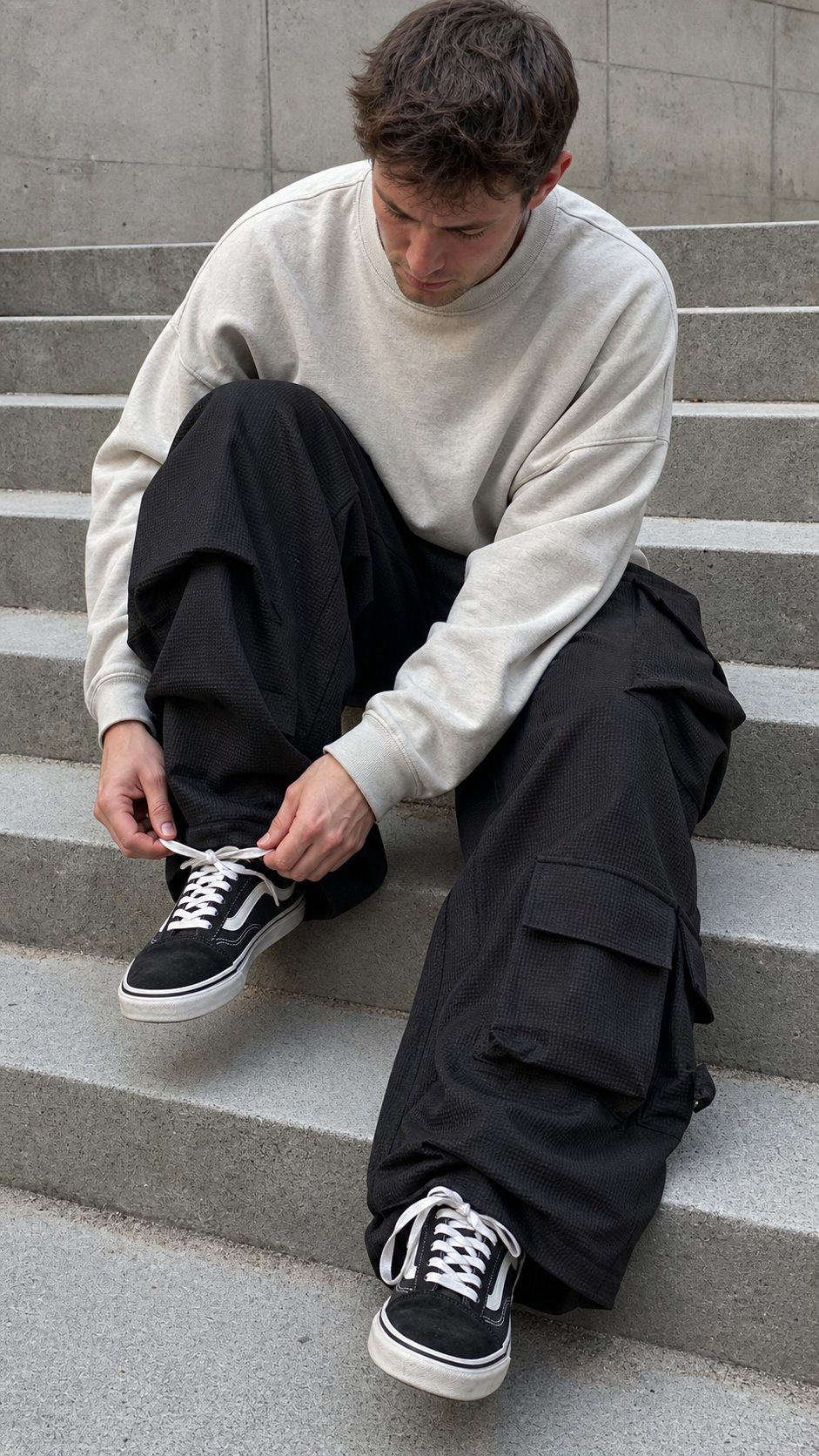 Men's Multi-Pocket Curved Wide-Leg Cargo Pants stair candid showcase