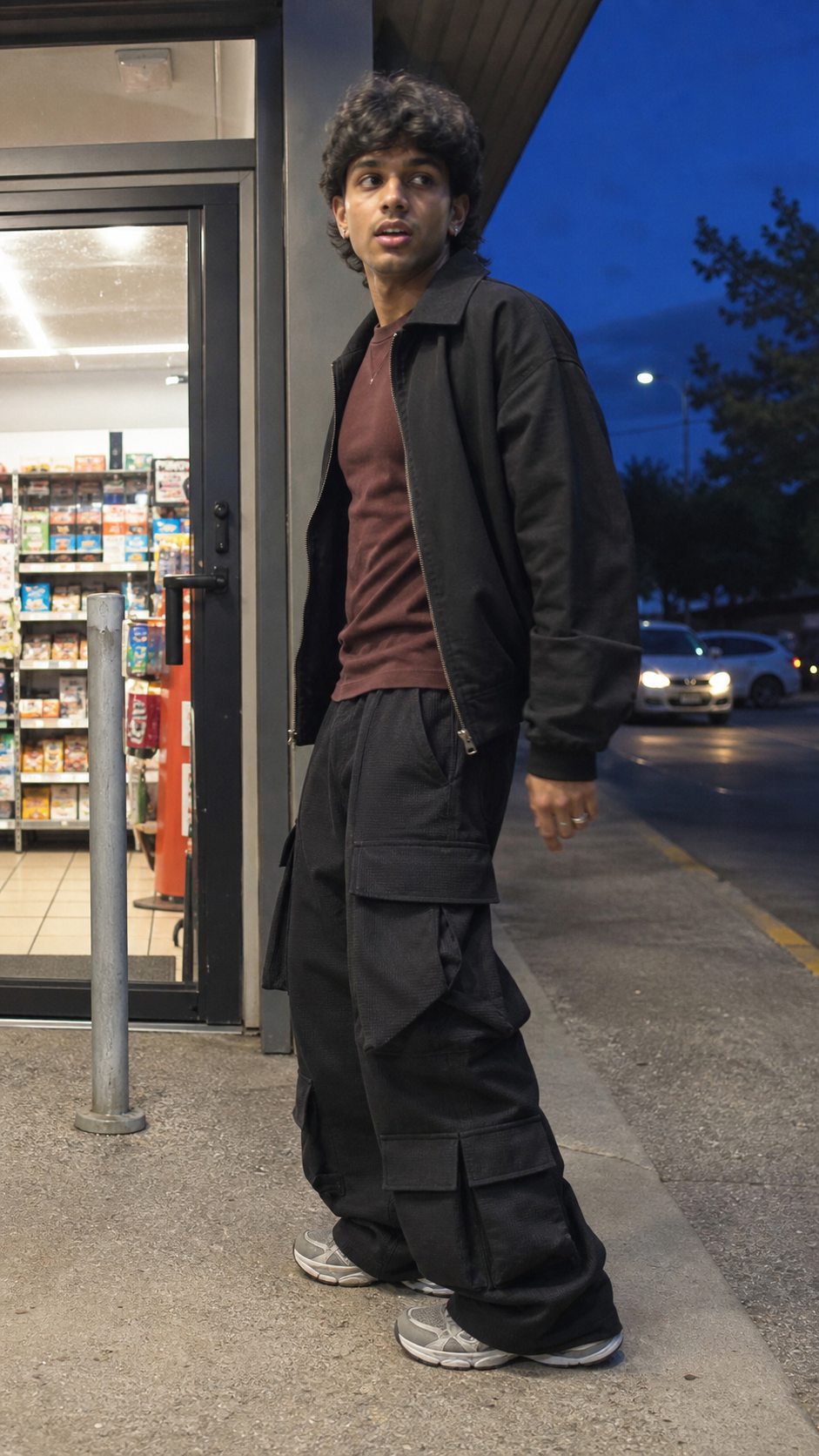 Men's Multi-Pocket Curved Wide-Leg Cargo Pants evening convenience store showcase