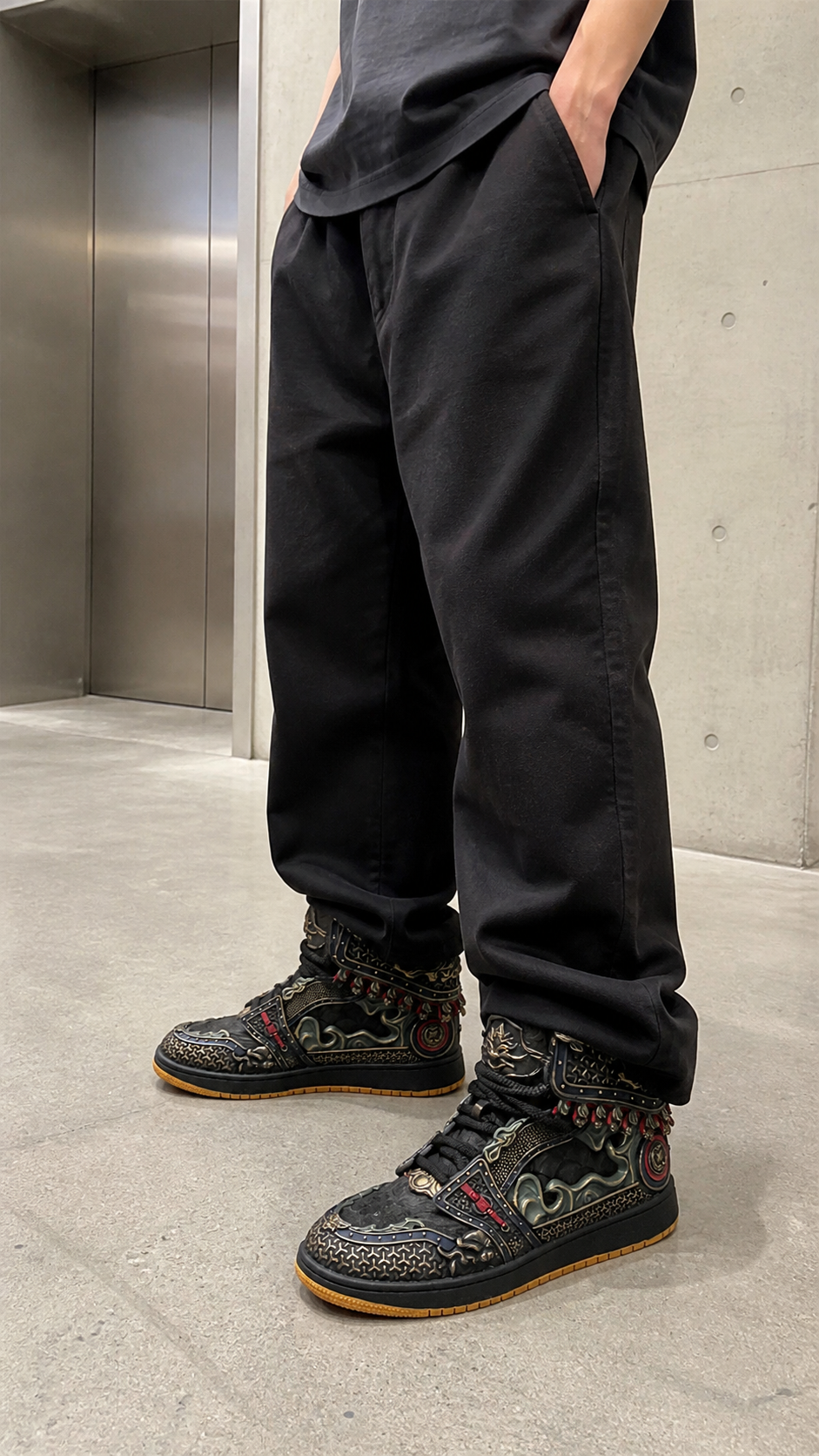Gilded Mythic Armor High-Top Sneakers in a concrete elevator lobby outfit