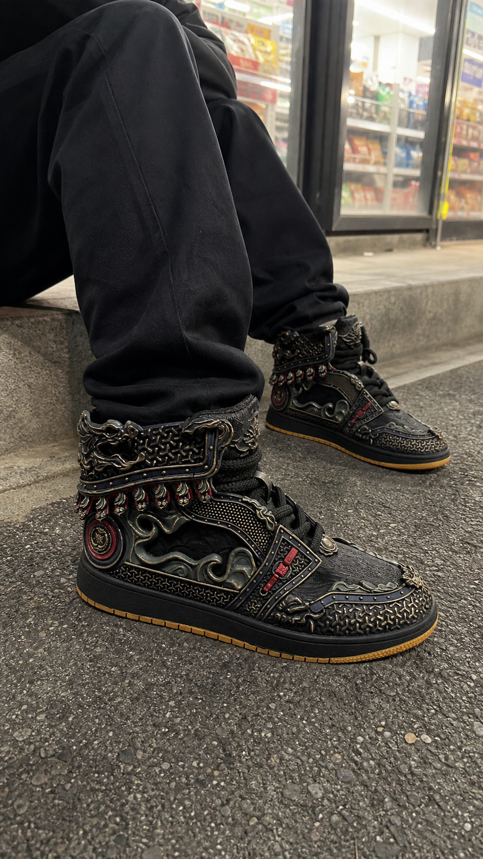 Gilded Mythic Armor High-Top Sneakers in a casual nighttime curb moment