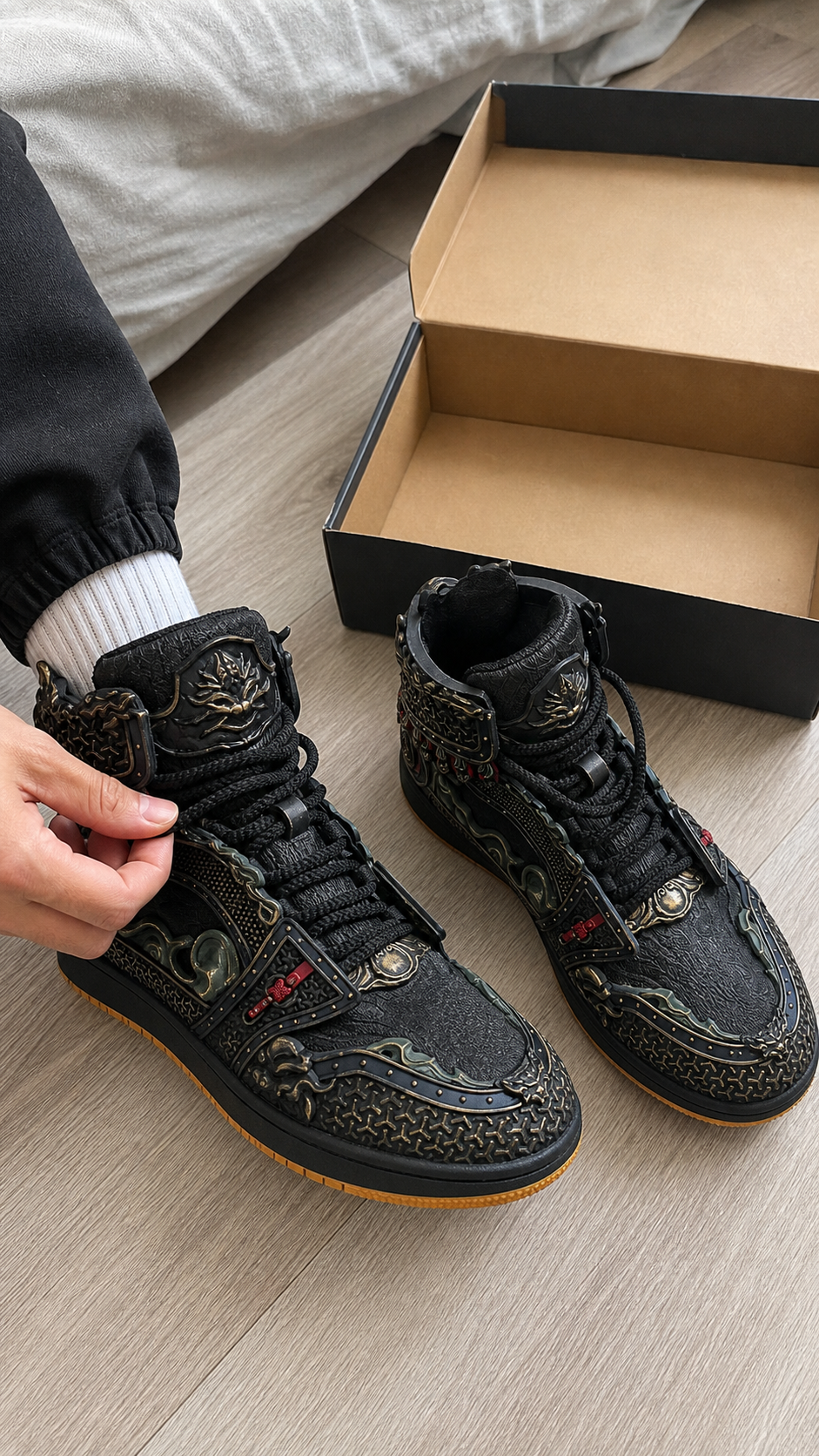 Gilded Mythic Armor High-Top Sneakers in a natural bedroom try-on moment