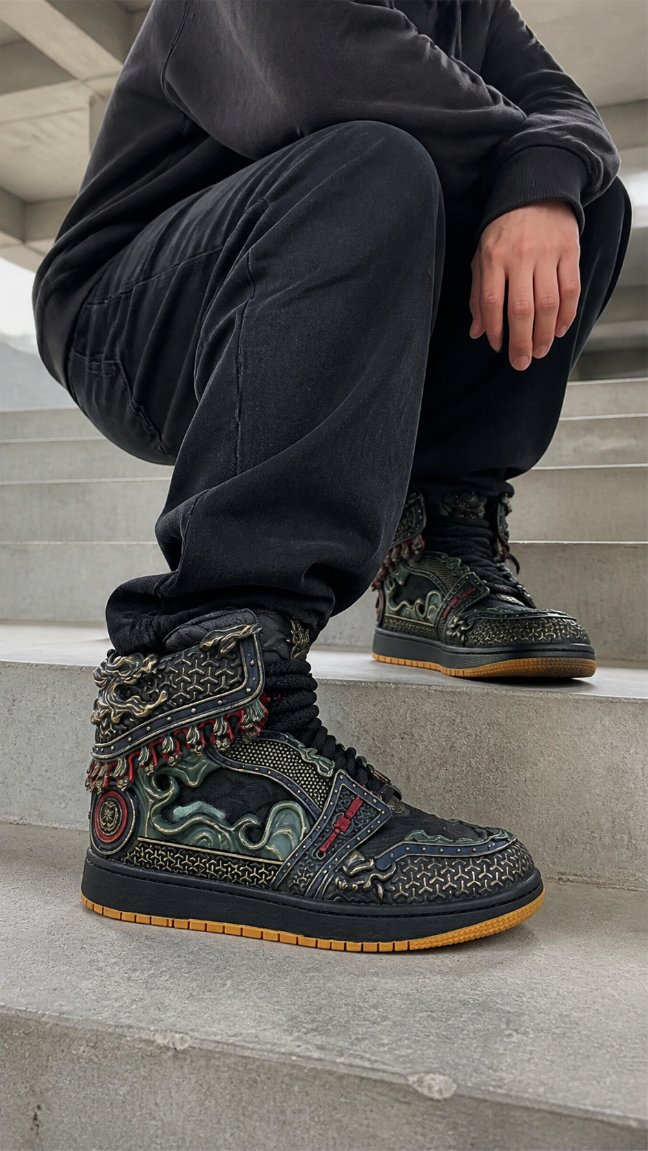 Gilded Mythic Armor High-Top Sneakers in a casual concrete stair pose